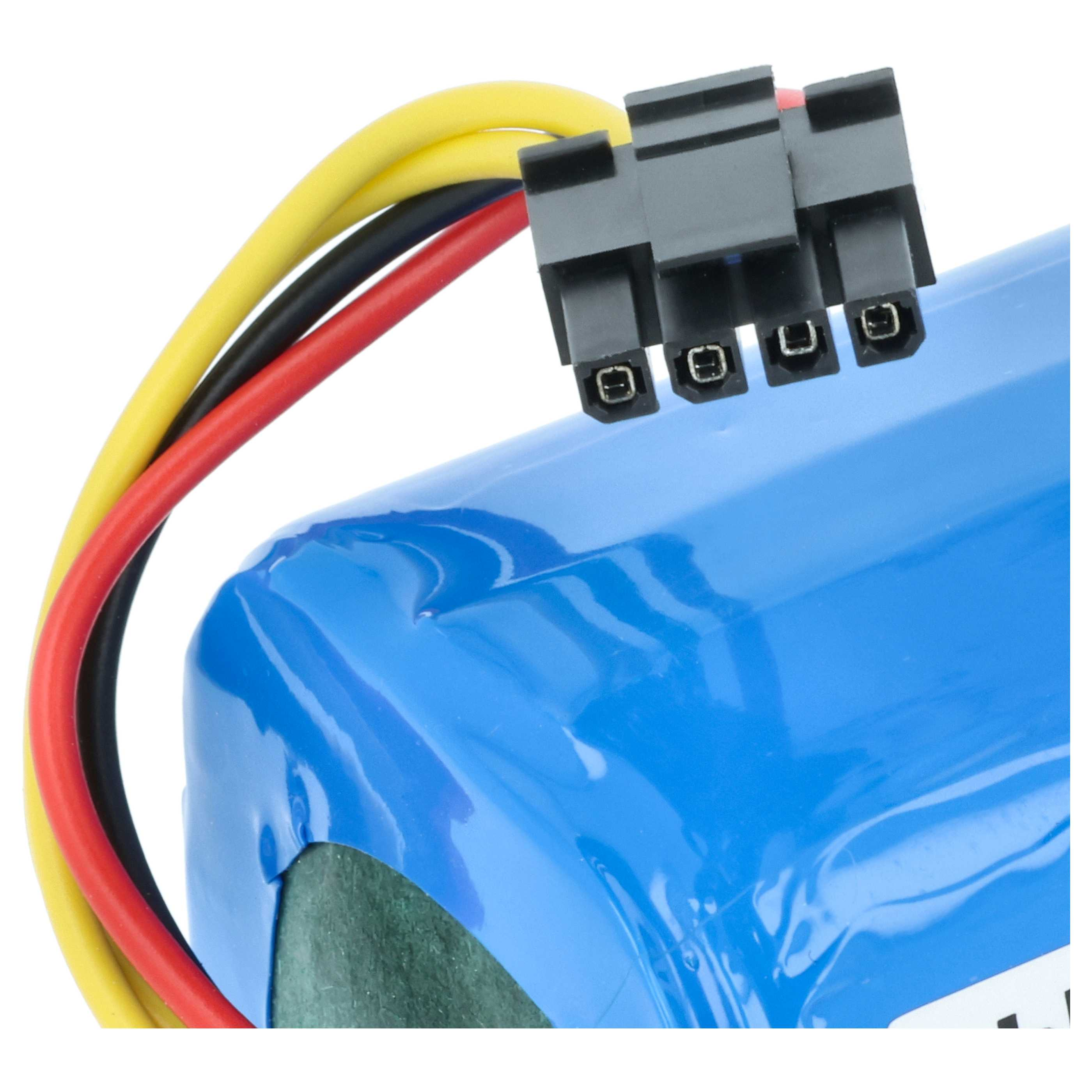 Ein blauer Akku mit gelben, schwarzen und roten Kabeln und einem schwarzen Stecker.