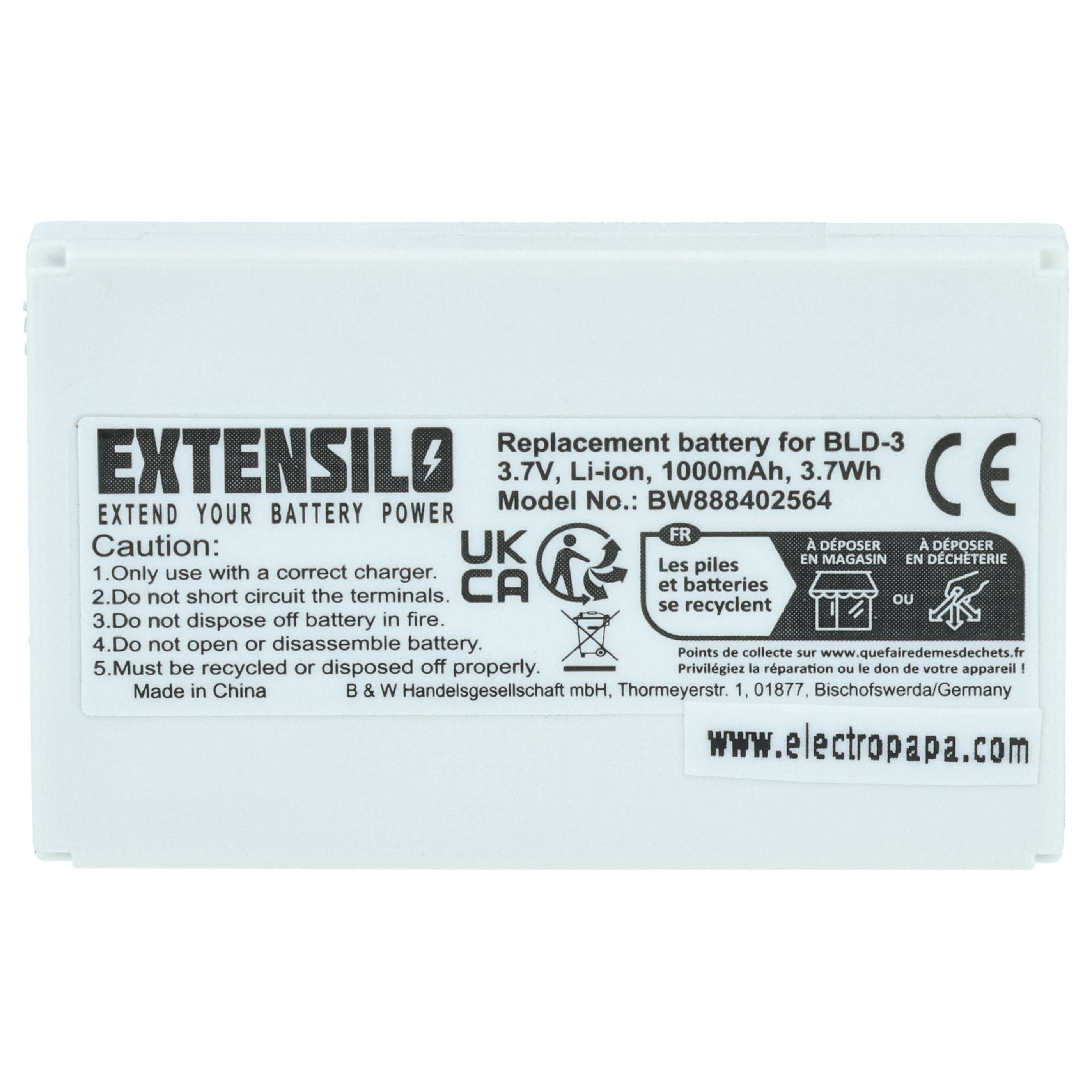 Weiße Ersatzbatterie für BLD-3, 3,7V, 1000mAh, mit Warnhinweisen.