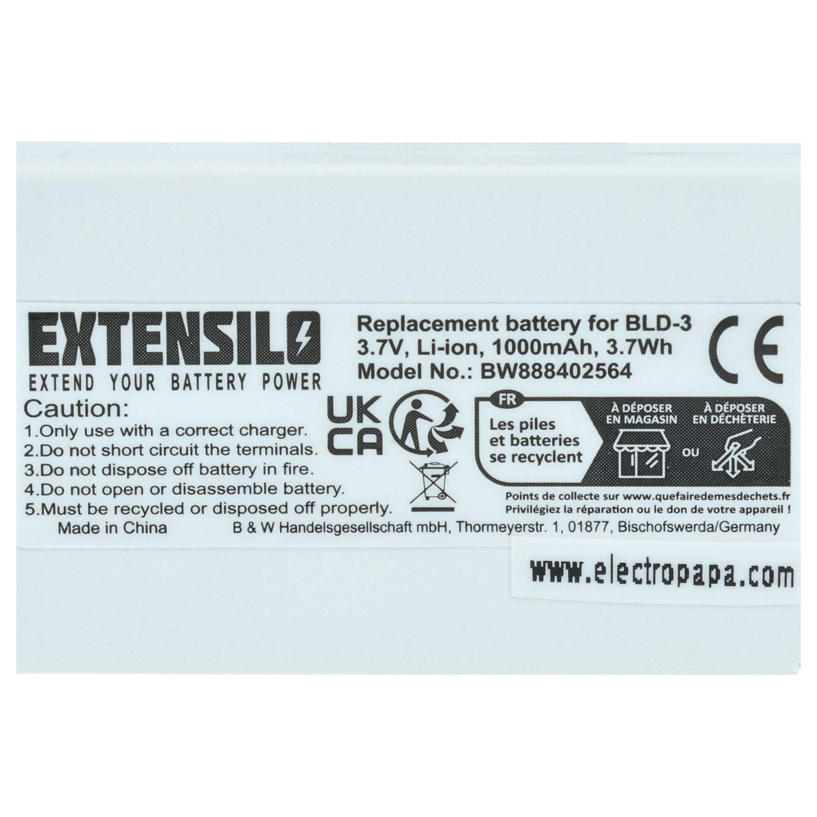 Ersatzakku für BLD-3, 3,7V Li-Ion, 1000mAh, 3,7Wh. Mit Warnhinweisen.