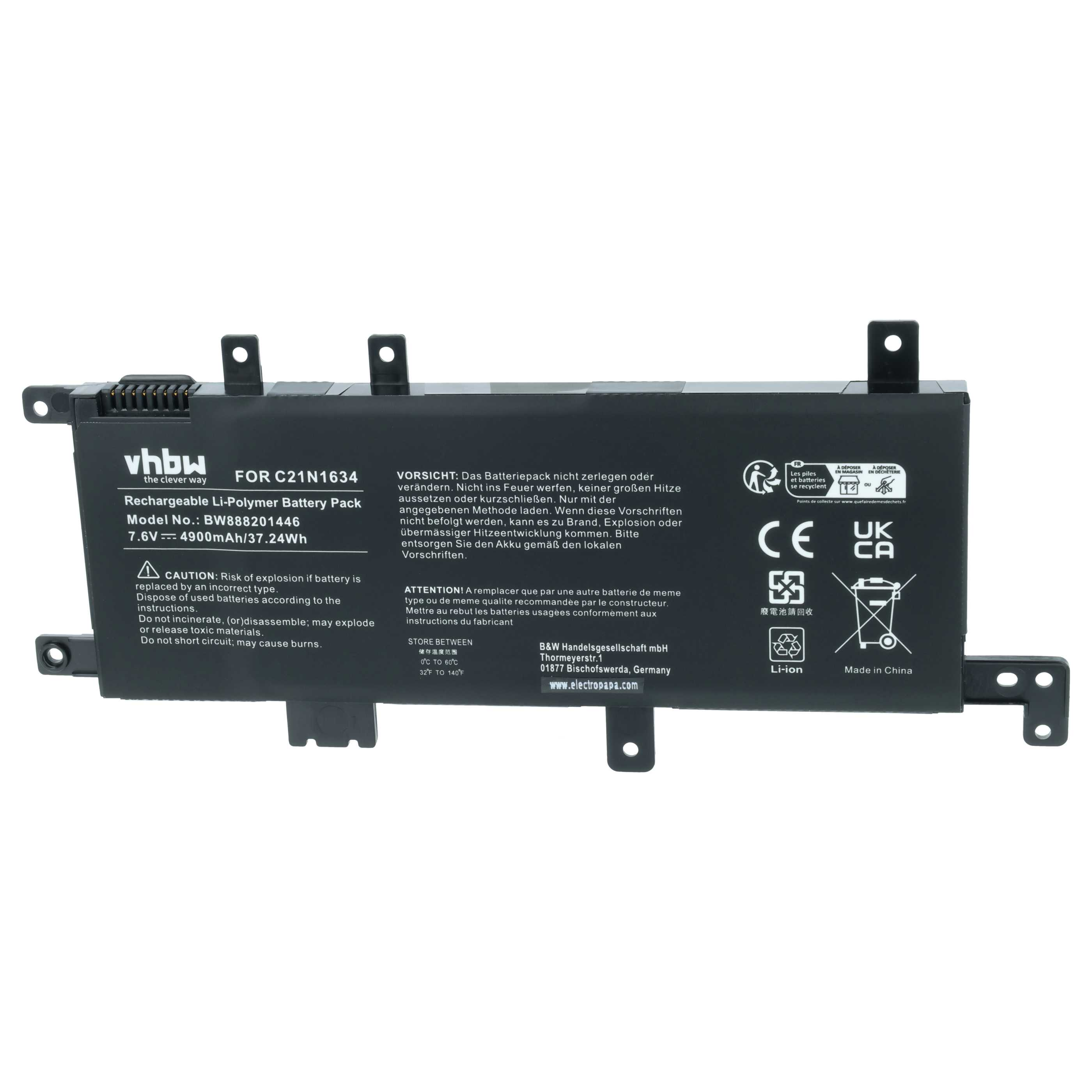 Schwarzer Li-Polymer Akku für C21N1634, 7.6V, 4900mAh mit Warnhinweisen.