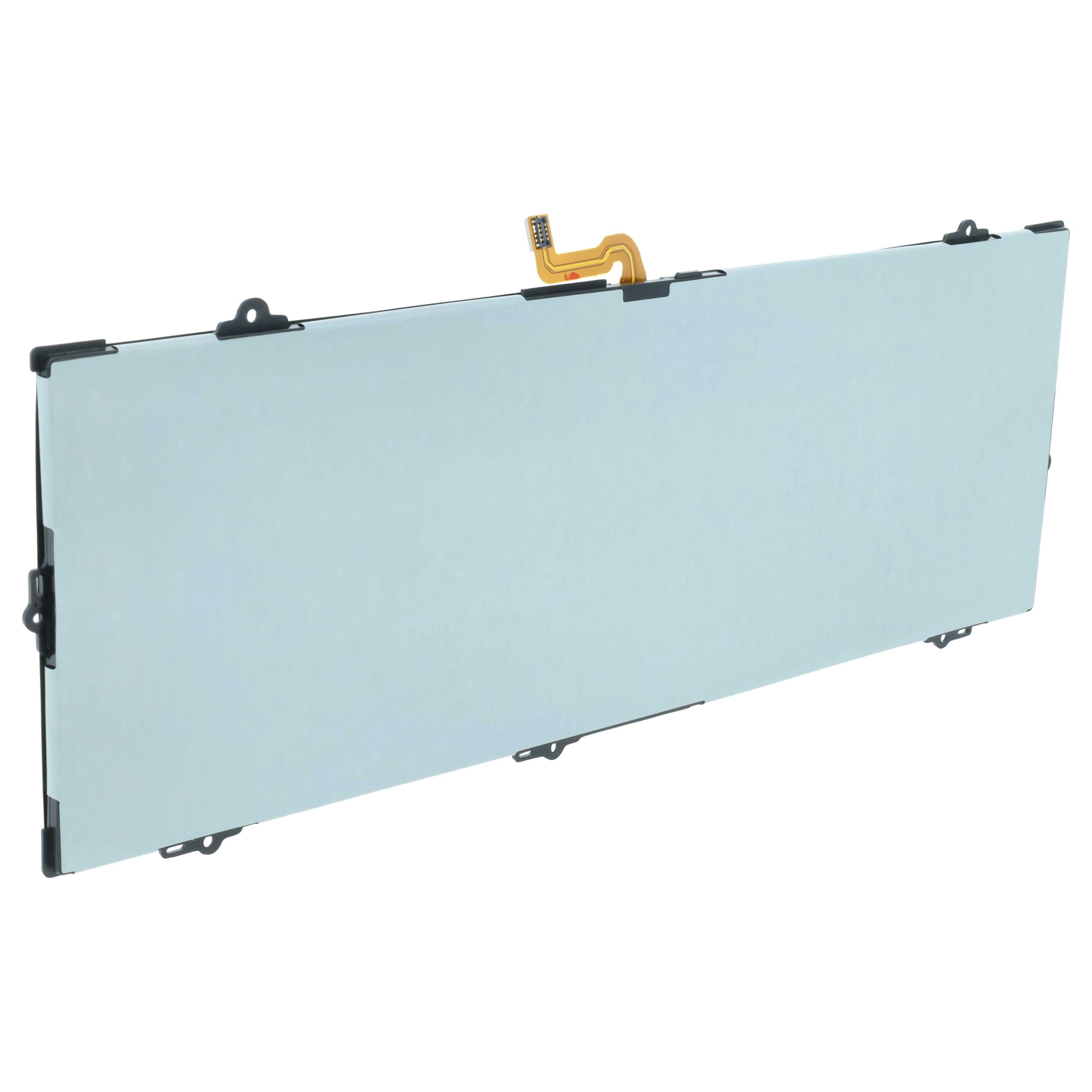 Ein flacher, rechteckiger Akku in hellem Blau mit einem flexiblen Kabelanschluss.
