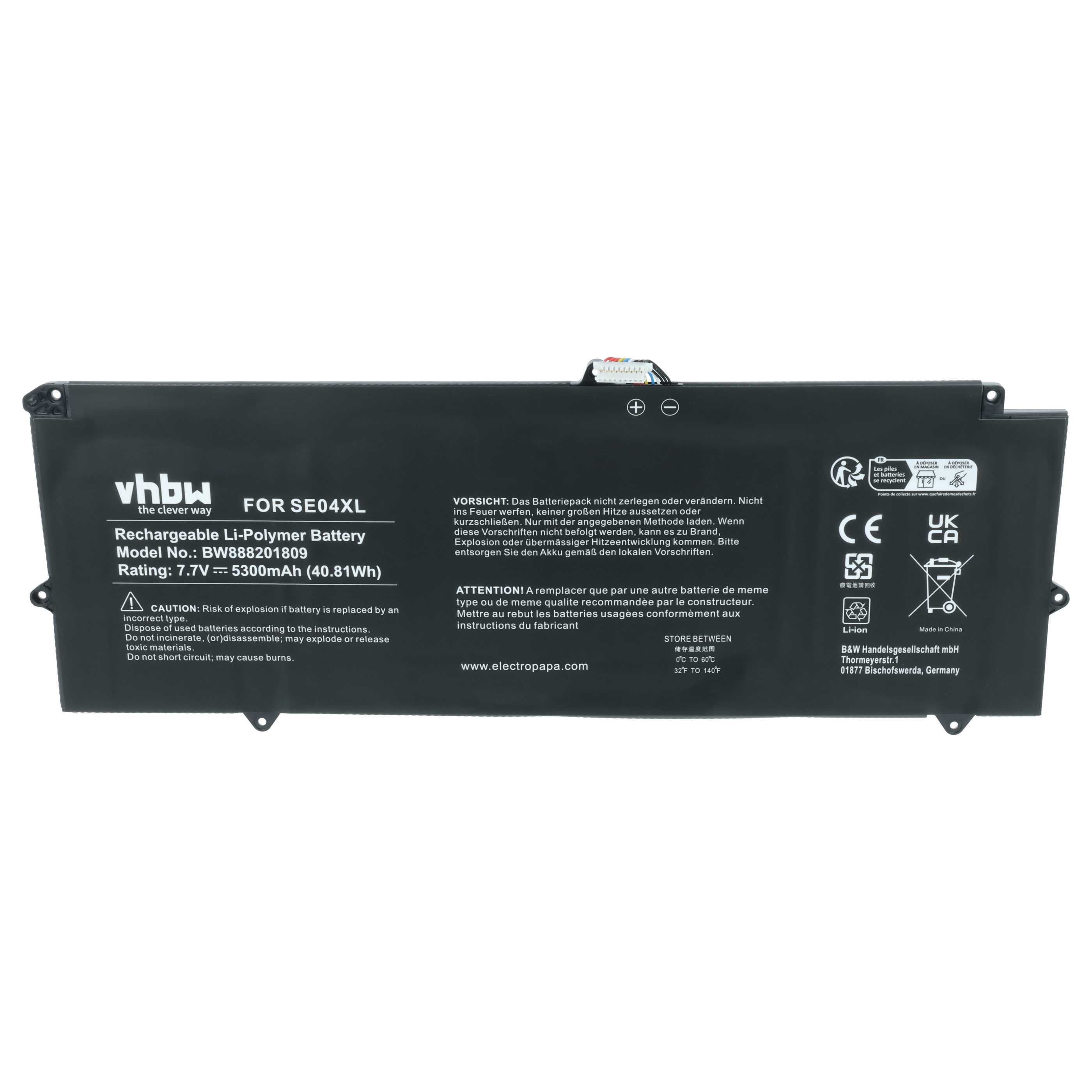 Schwarzer Laptop-Akku mit Beschriftung: VHBW, SE04XL, 7.7V, 5300mAh.