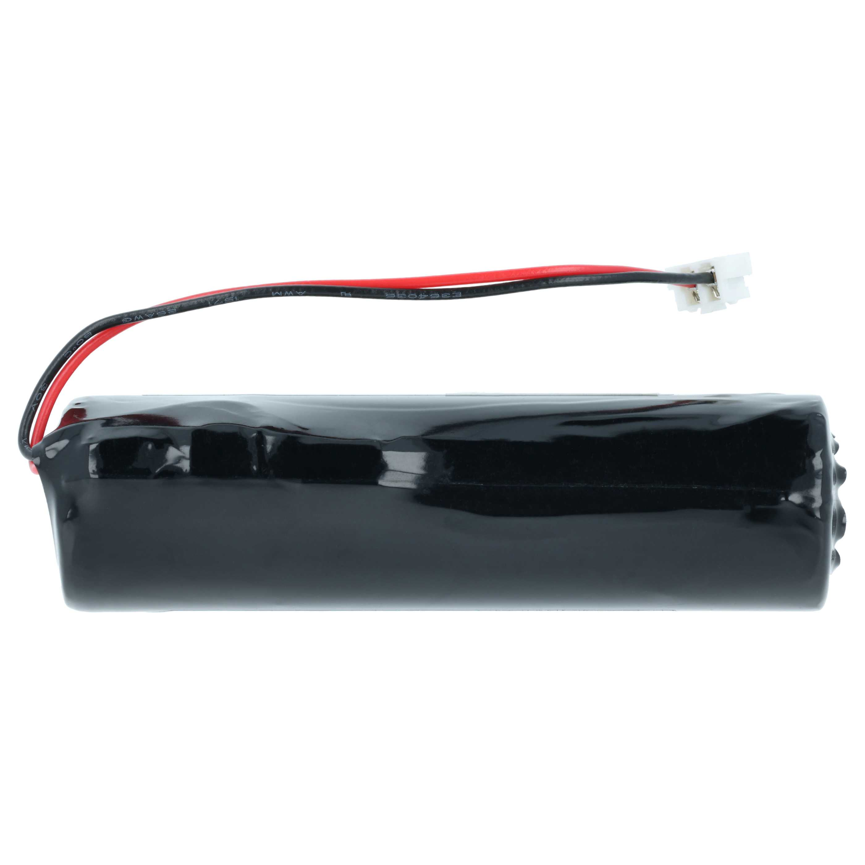 Schwarzer Akku mit roten und schwarzen Kabeln und einem weißen Stecker.