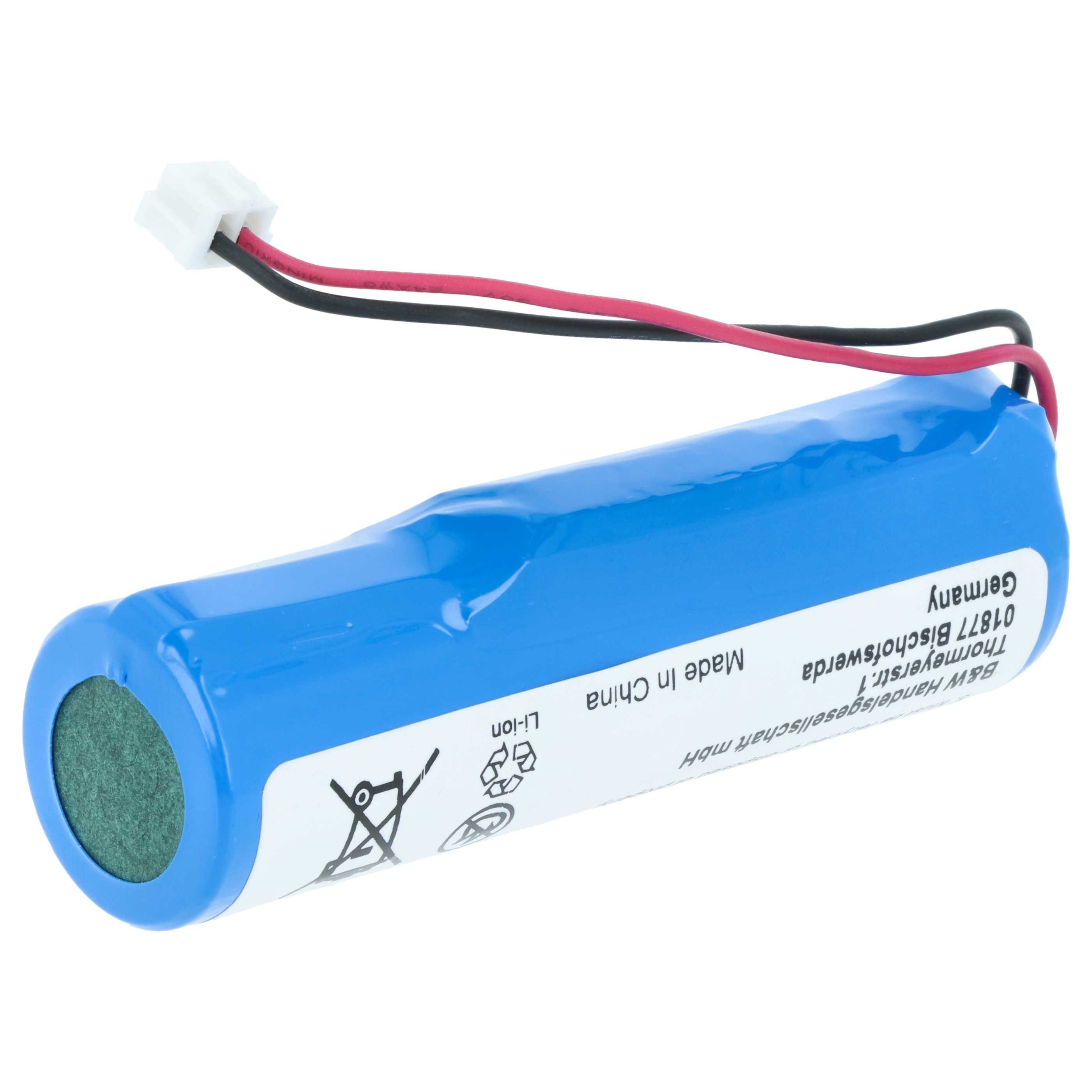 Blauer Li-Ion-Akku mit Kabeln und Beschriftung.