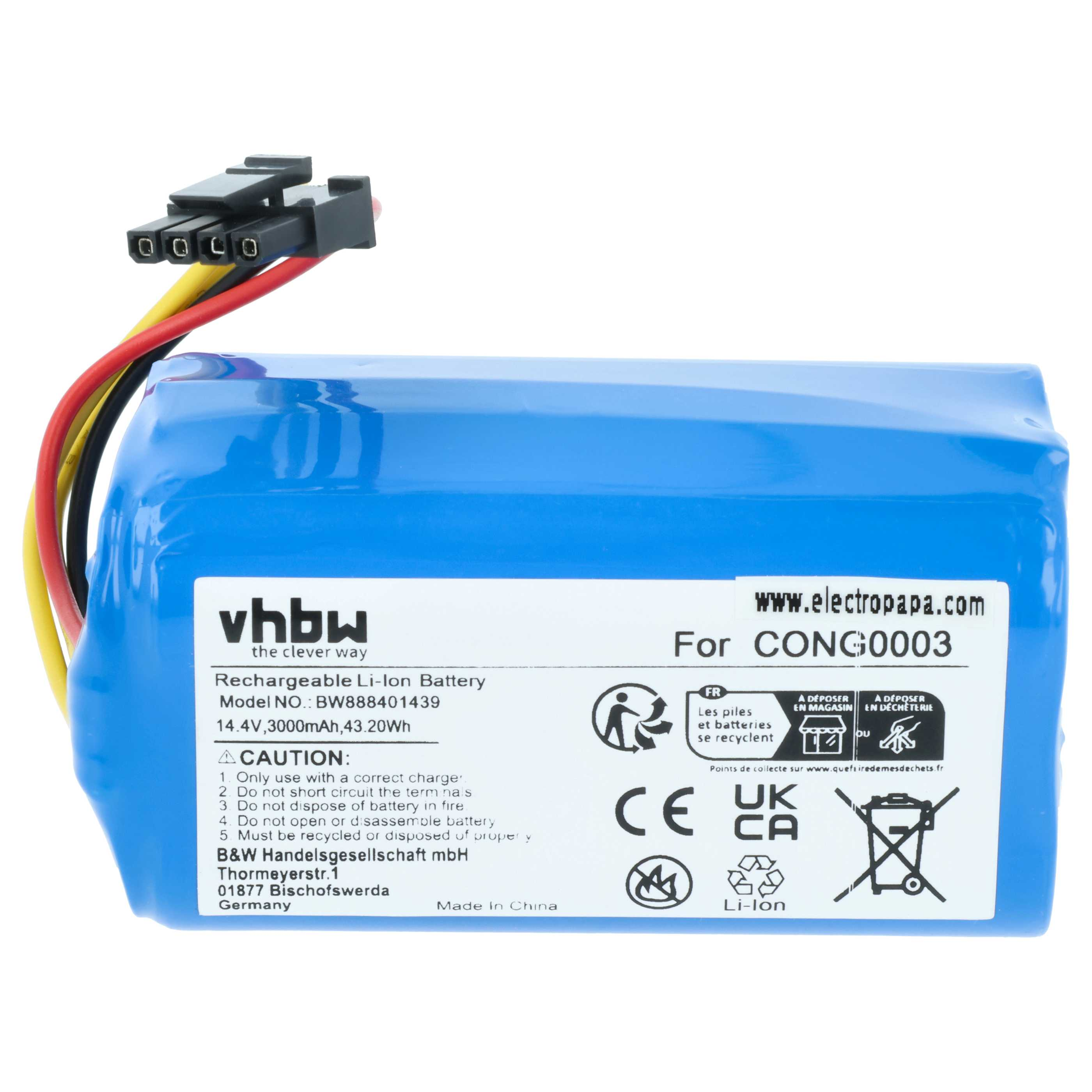 Eine blaue Lithium-Ionen-Batterie mit Kabeln und Aufklebern mit Warnhinweisen und Spezifikationen.