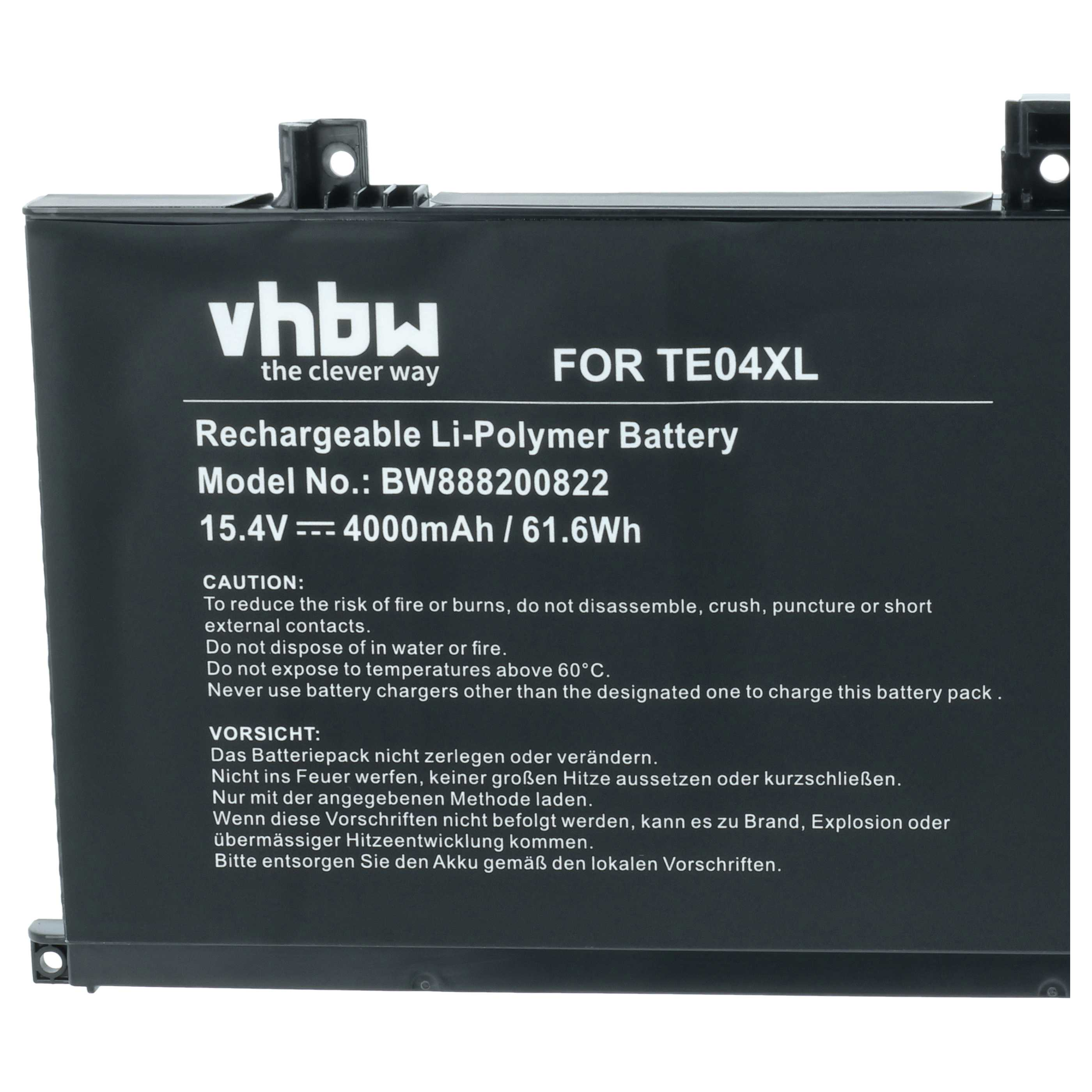 Schwarzer Li-Polymer Akku für TE04XL, 15.4V, 4000mAh, mit Warnhinweisen.