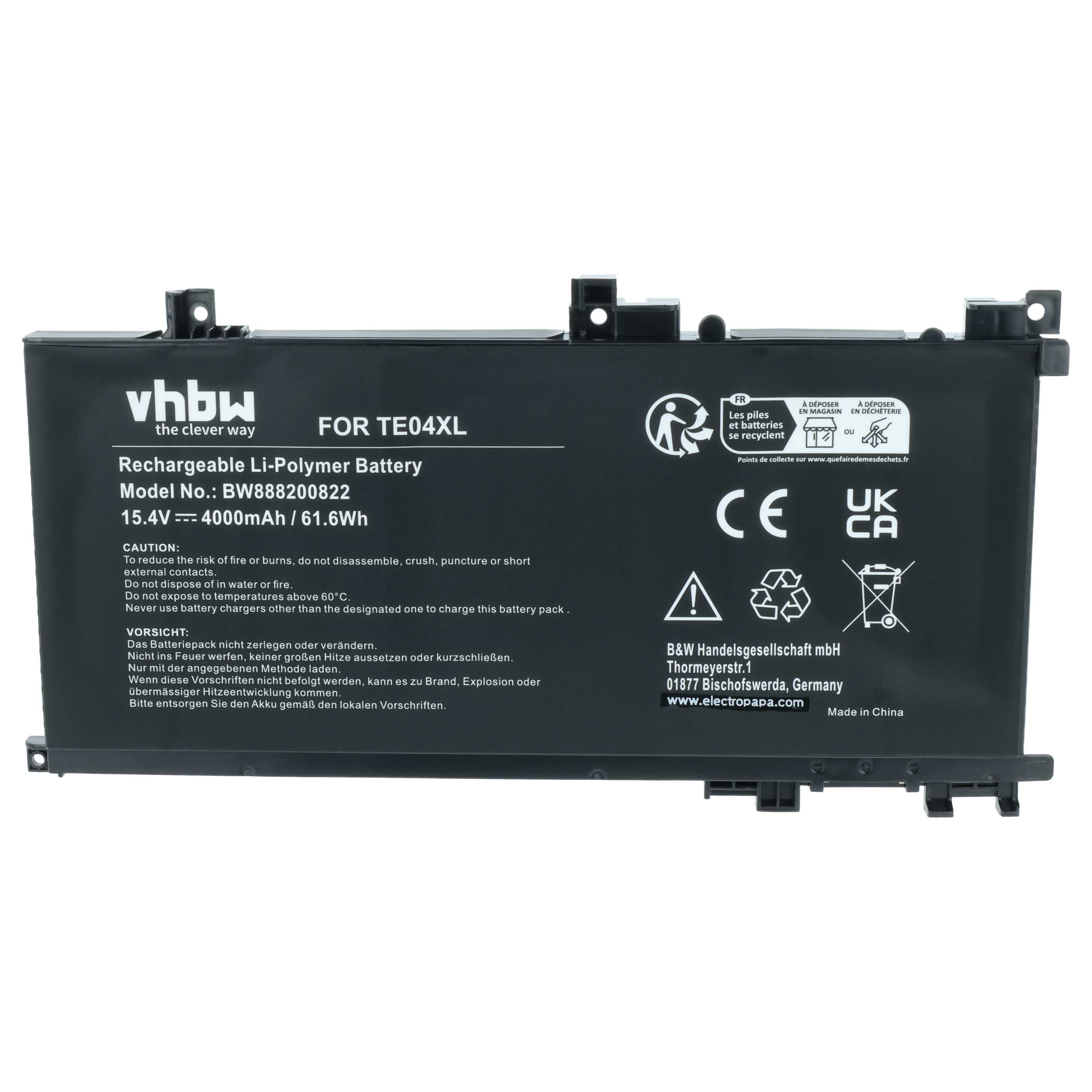 Schwarzer Akku für TE04XL, 15.4V, 4000mAh. Enthält Warnhinweise und Recycling-Symbole.