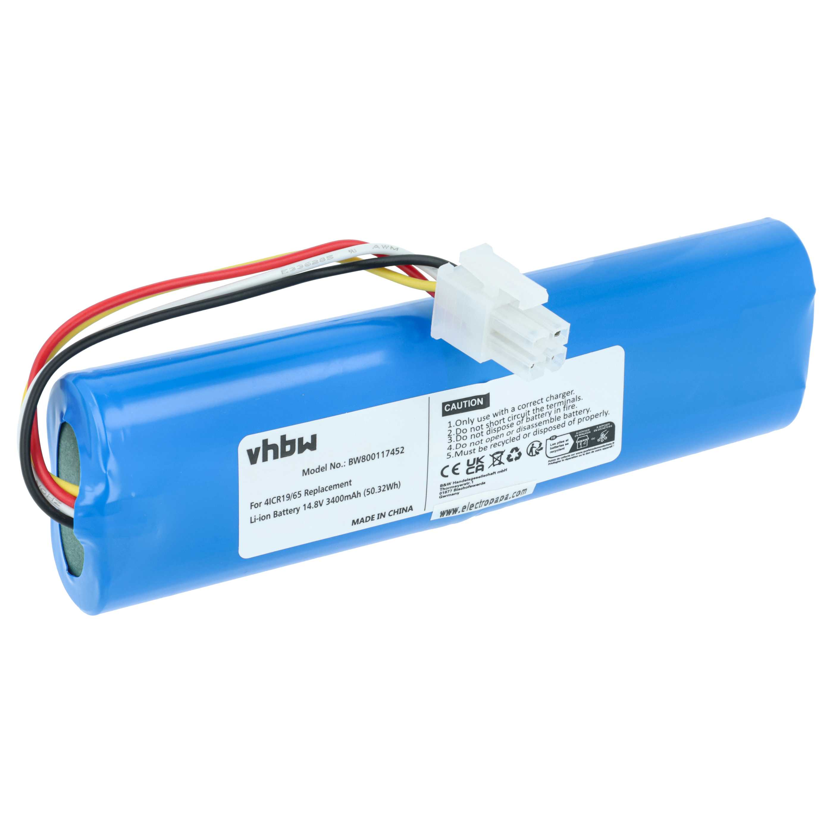 Blauer Akku mit Kabeln und Stecker, Modell BW800117452, 14.8V 3400mAh.