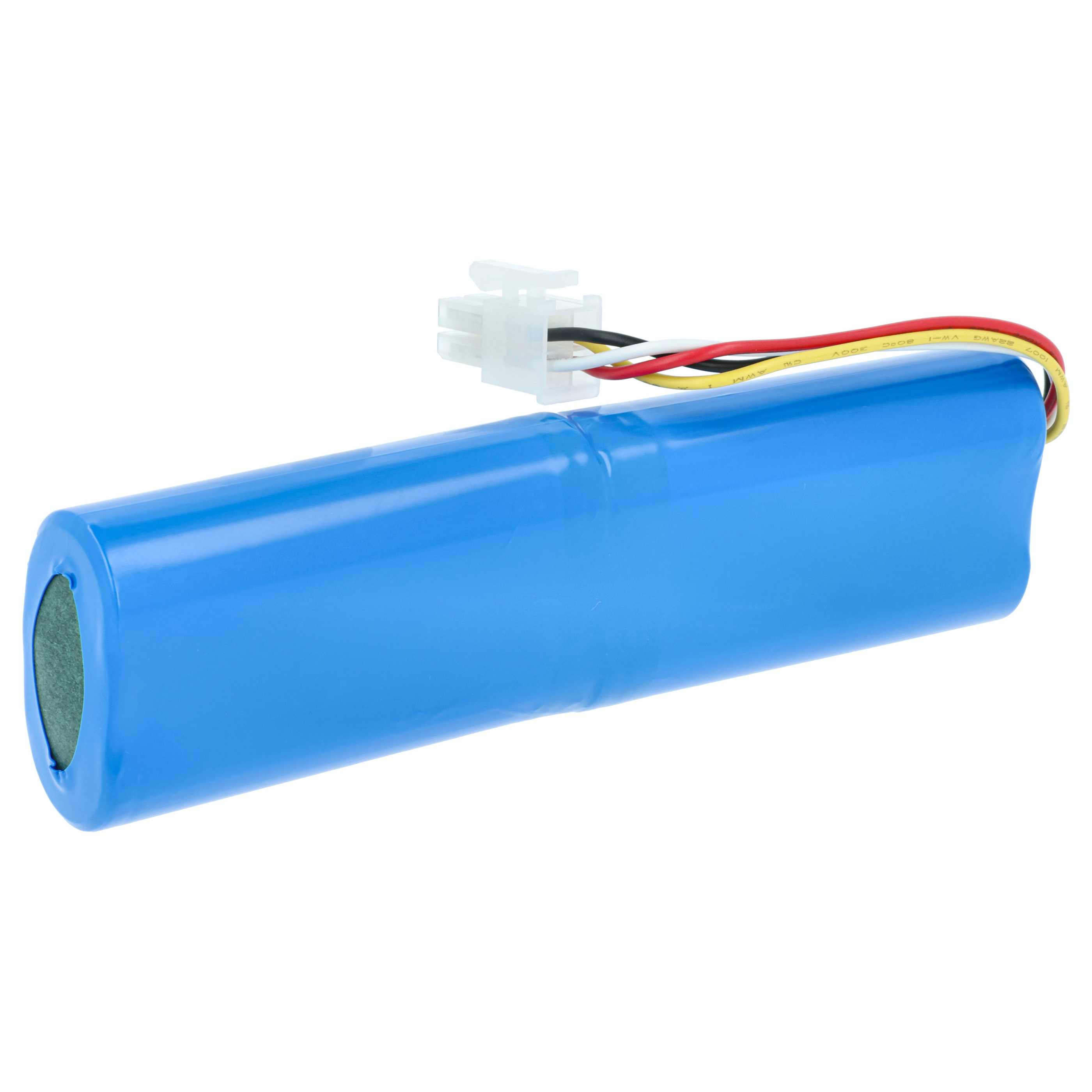 Ein blauer Akku mit Kabeln und Stecker auf weißem Hintergrund.