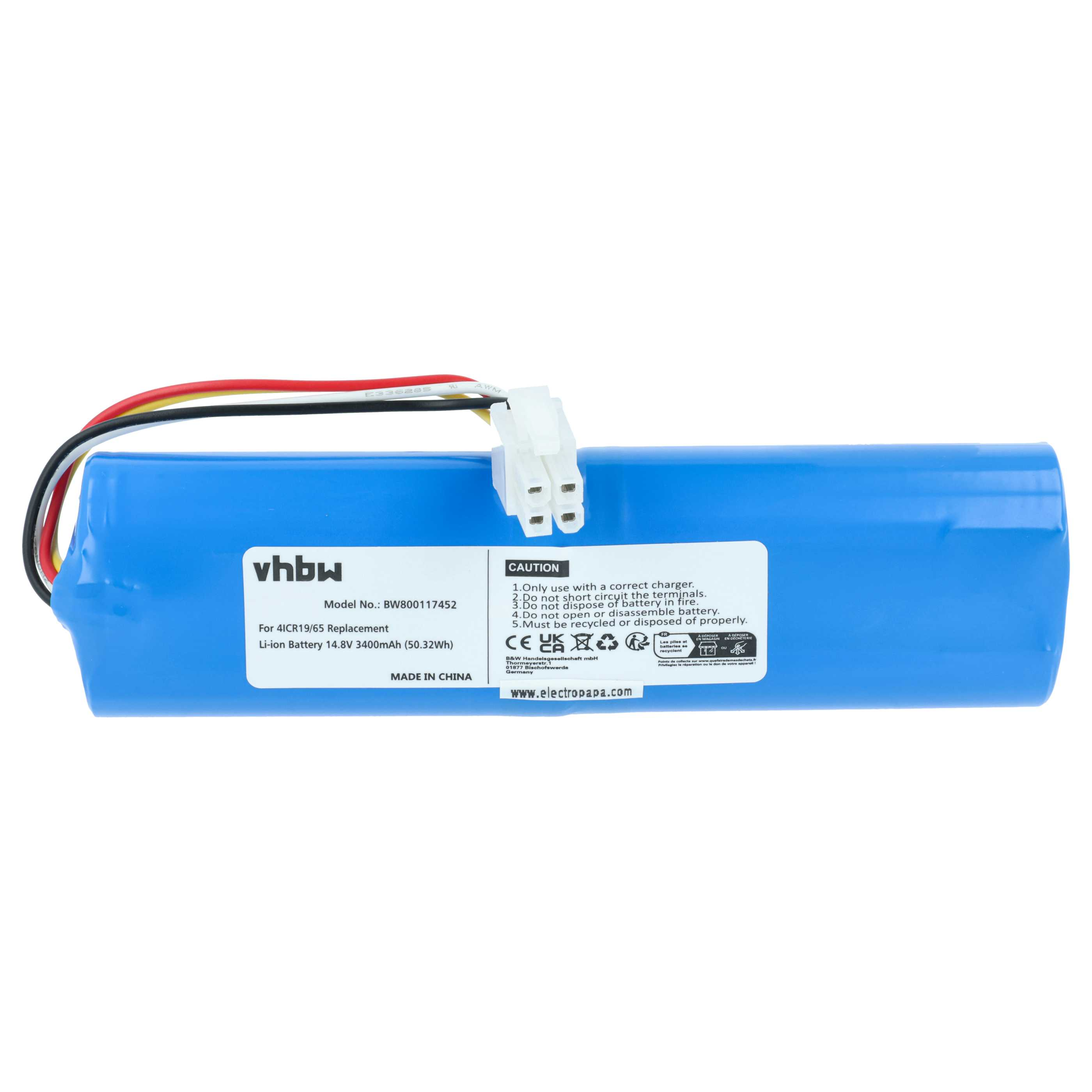 Eine blaue Li-Ion-Batterie 14,8V 3400mAh mit Kabel und Stecker.