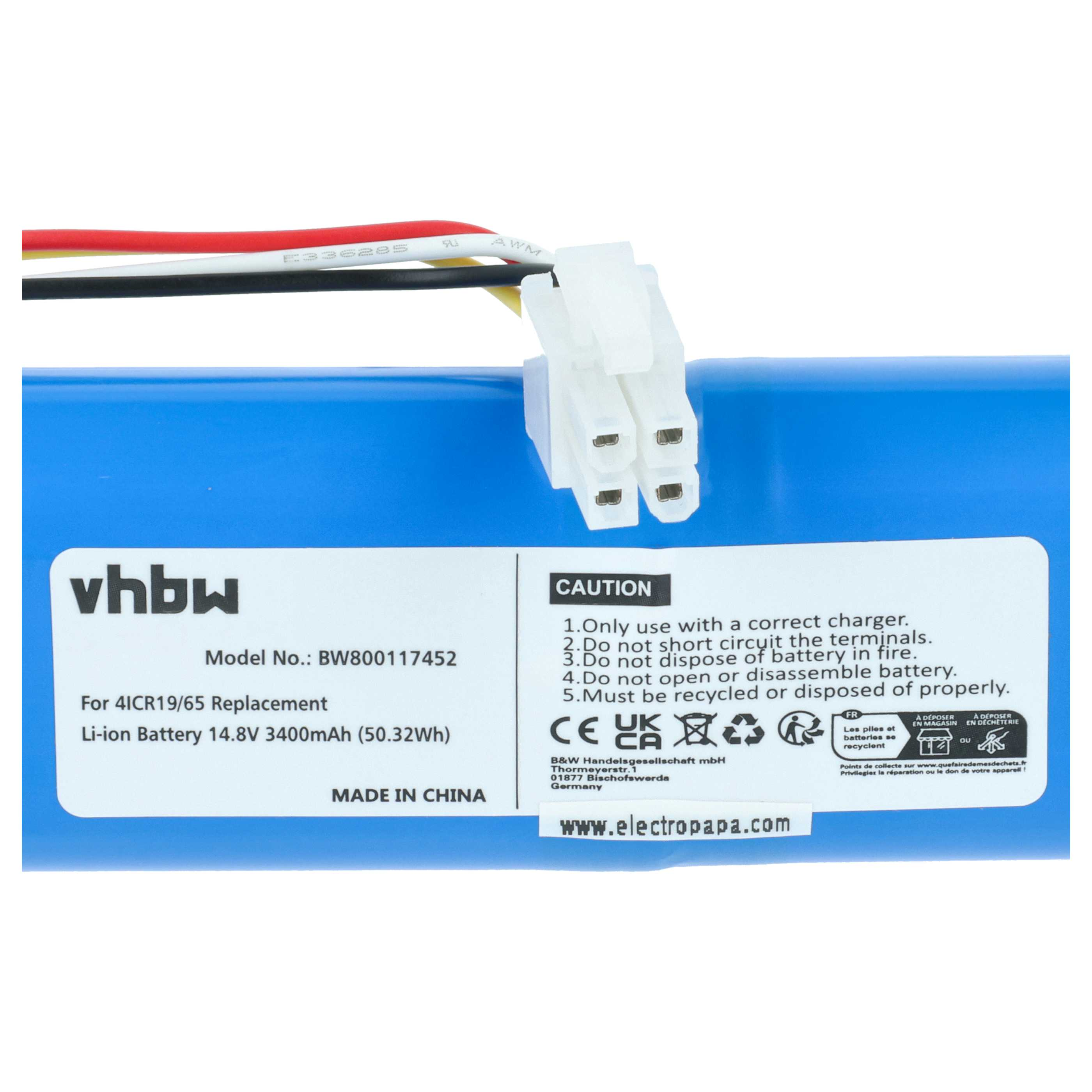 Blauer Li-Ion Akku mit Kabeln, Stecker und Warnhinweisen.