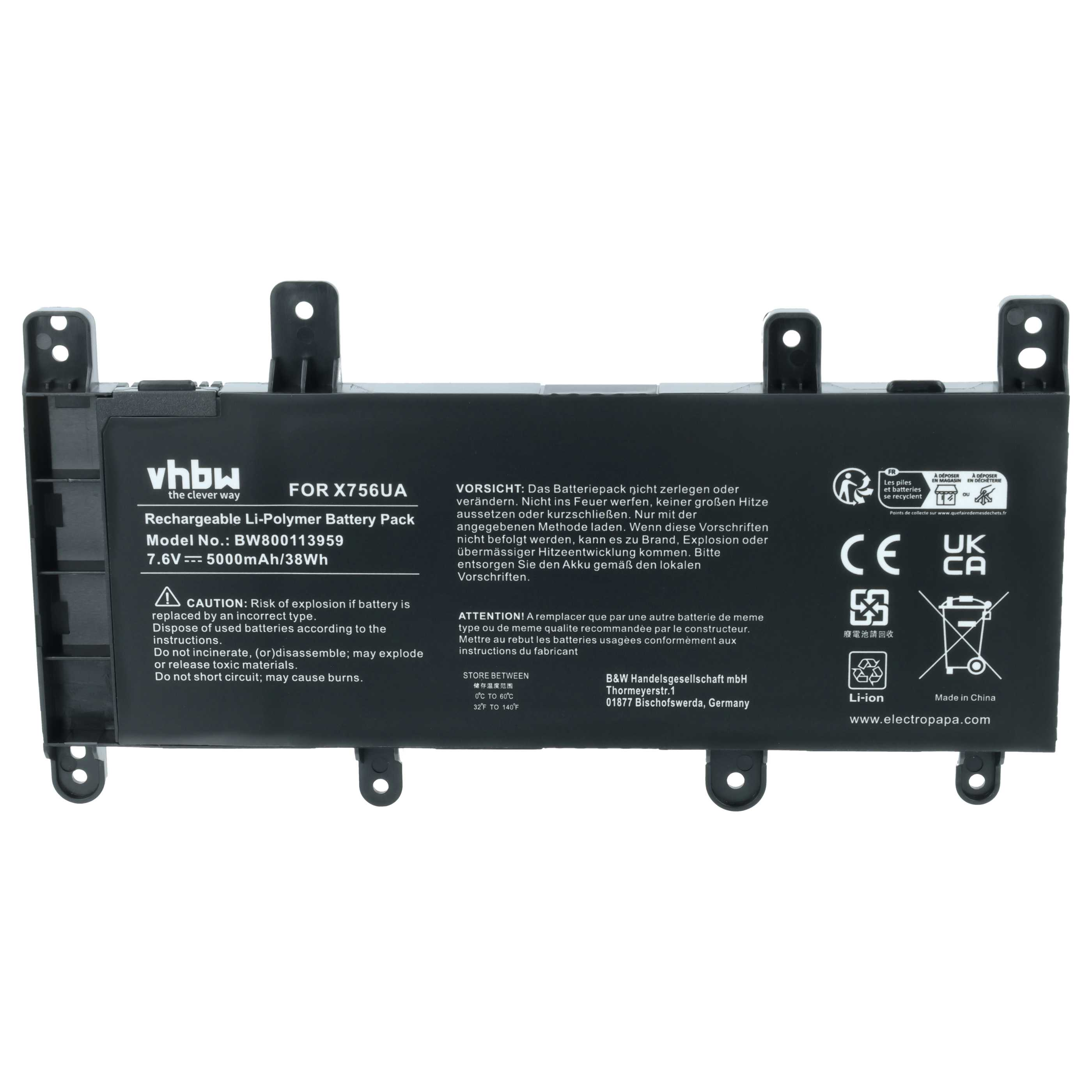 Schwarzer Li-Polymer Akku für X756UA, 7.6V, 5000mAh. Mit Warnhinweisen.