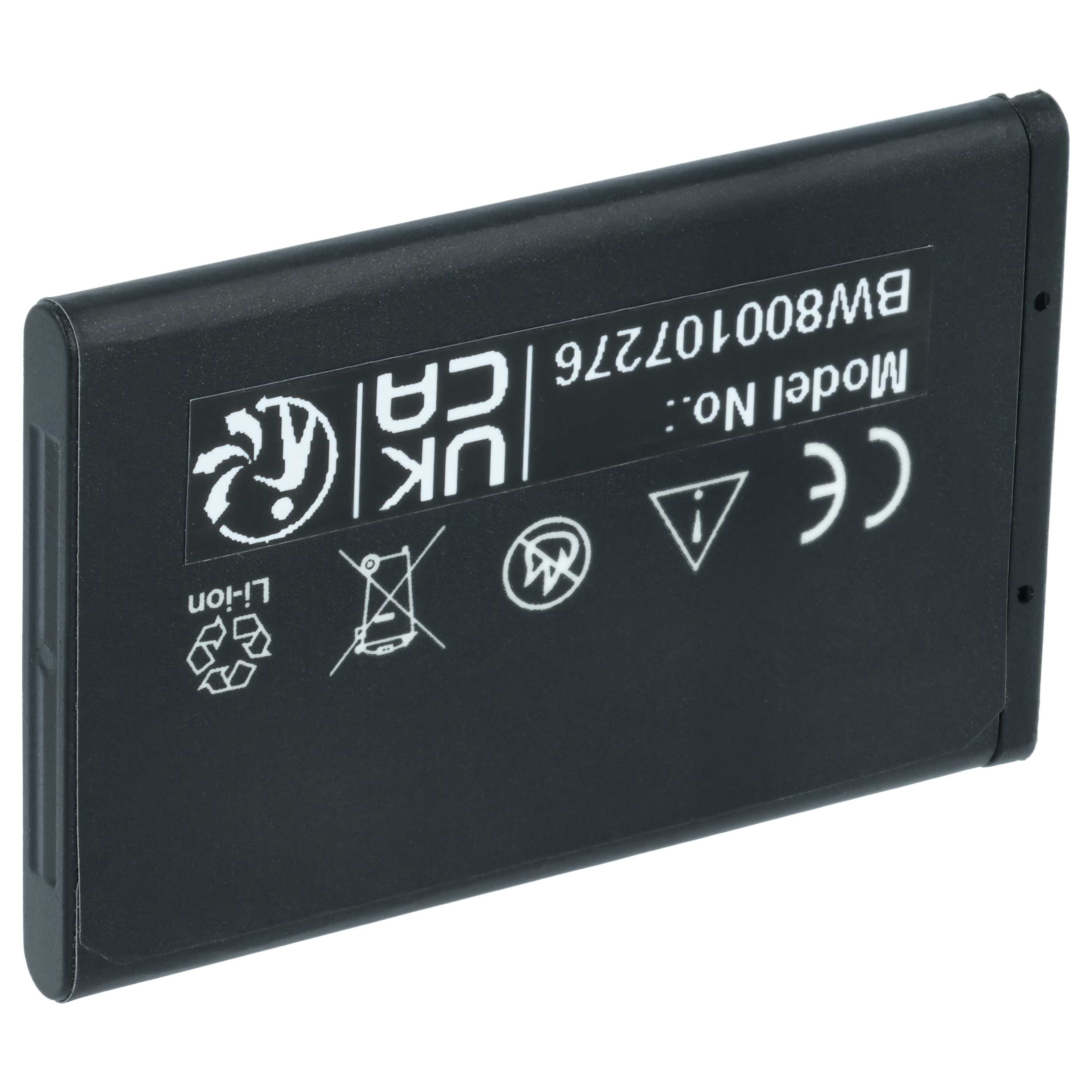 Schwarzer Lithium-Ionen-Akku mit ce- und UK-CA-Zeichen sowie Warnsymbolen.