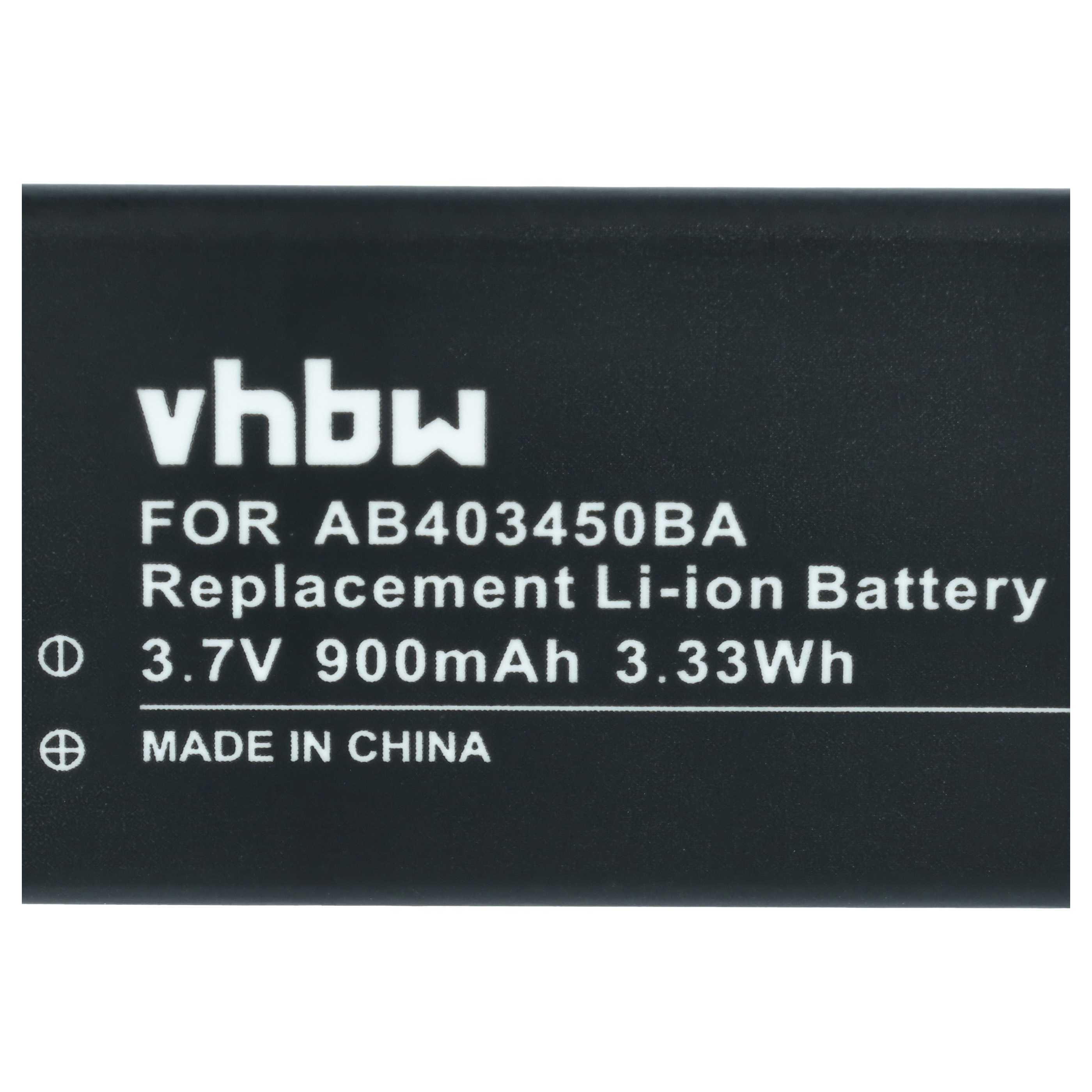 Schwarzer Akku mit weißer Schrift: vhbw, 3,7V 900mAh, Made in China.