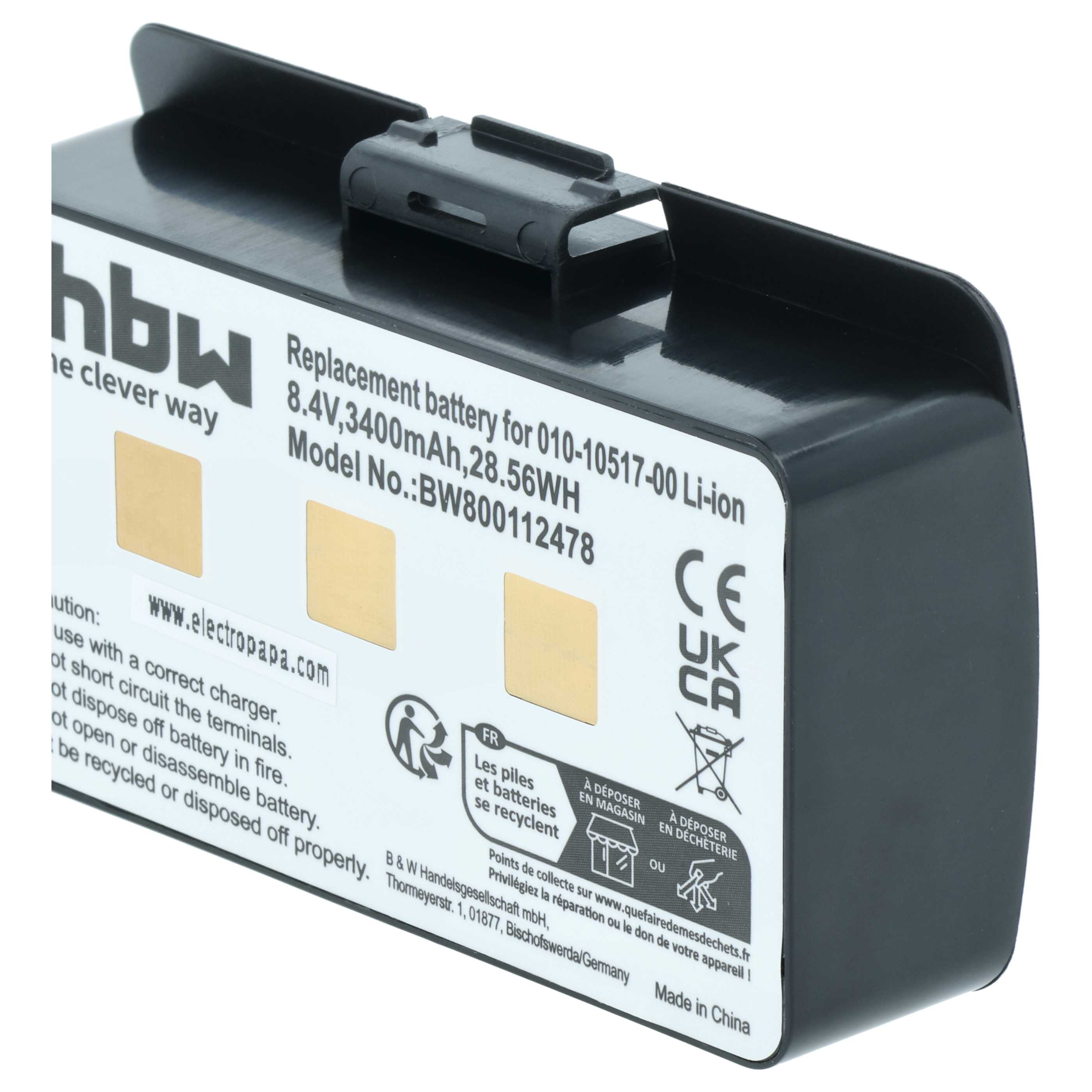 Schwarzer Li-Ion Akku mit Aufdruck: Ersatzakku, 8.4V, 3400mAh, 28.56WH.