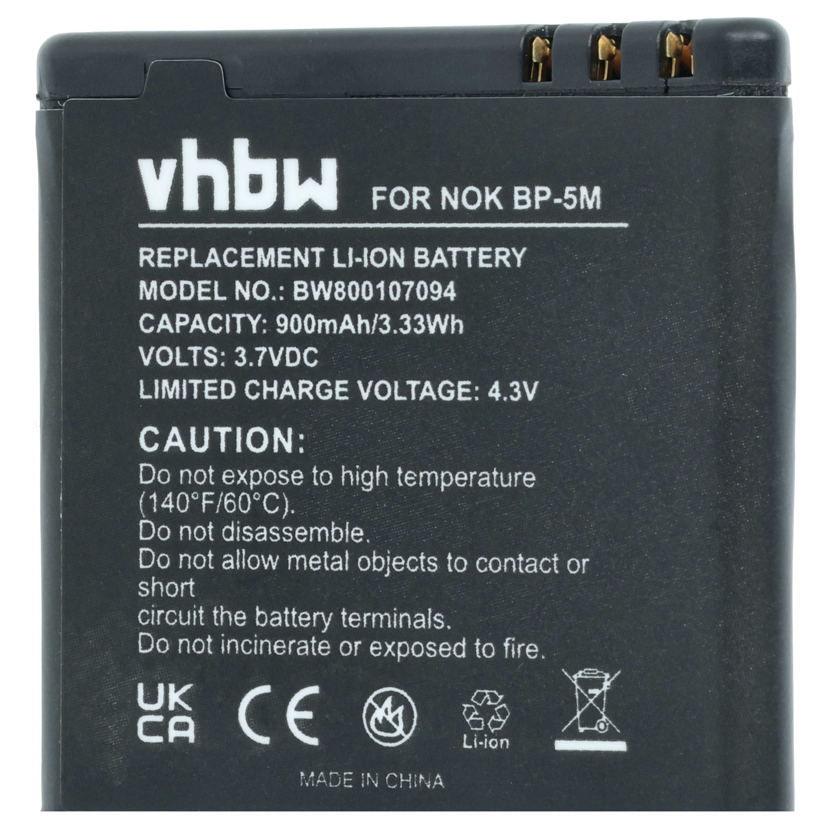 Schwarzer vhbw Li-Ion Akku für NOK BP-5M, 900mAh. Enthält Warnsymbole.