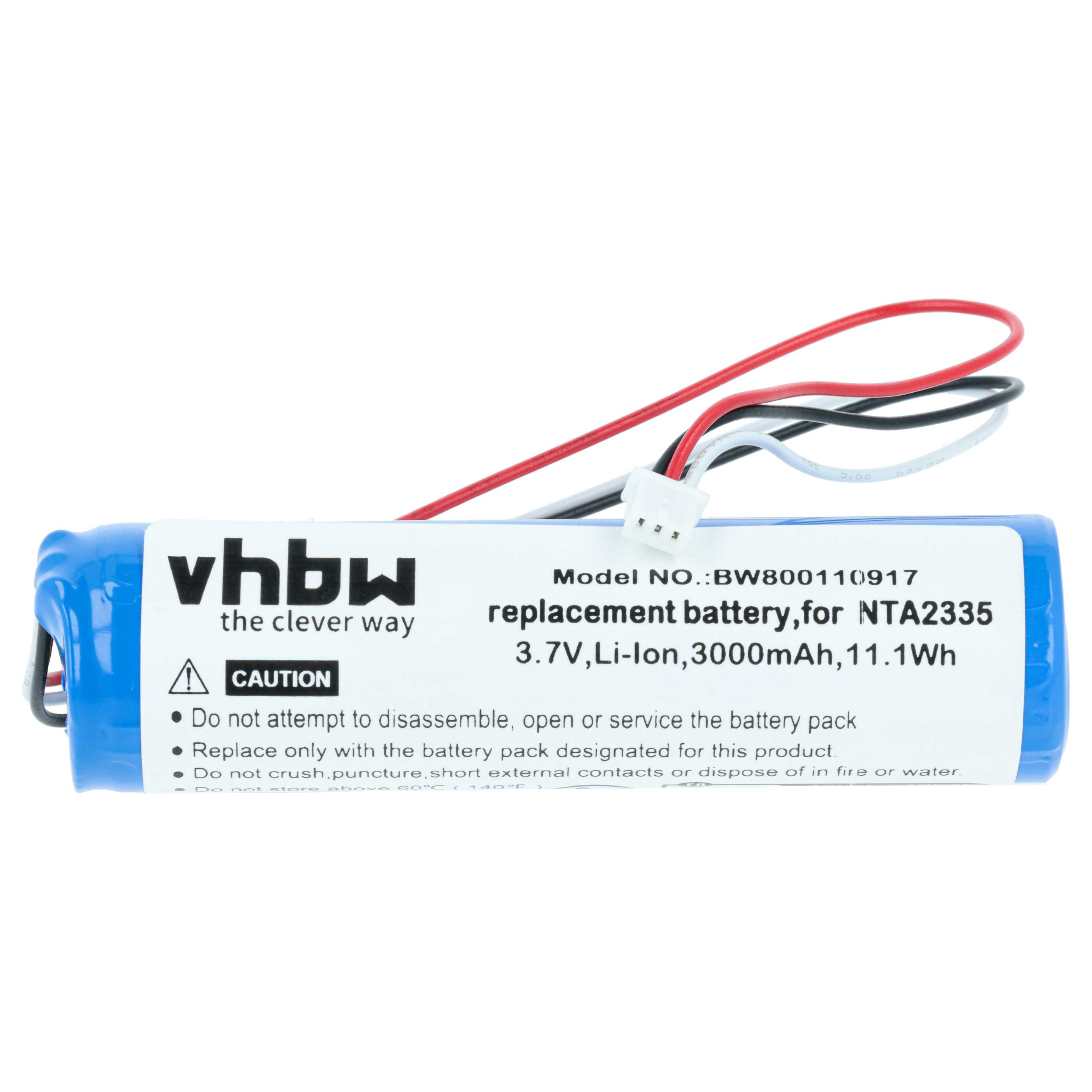 Ein blauer Li-Ion-Akku für NTA2335 mit roten, schwarzen und weißen Kabeln.