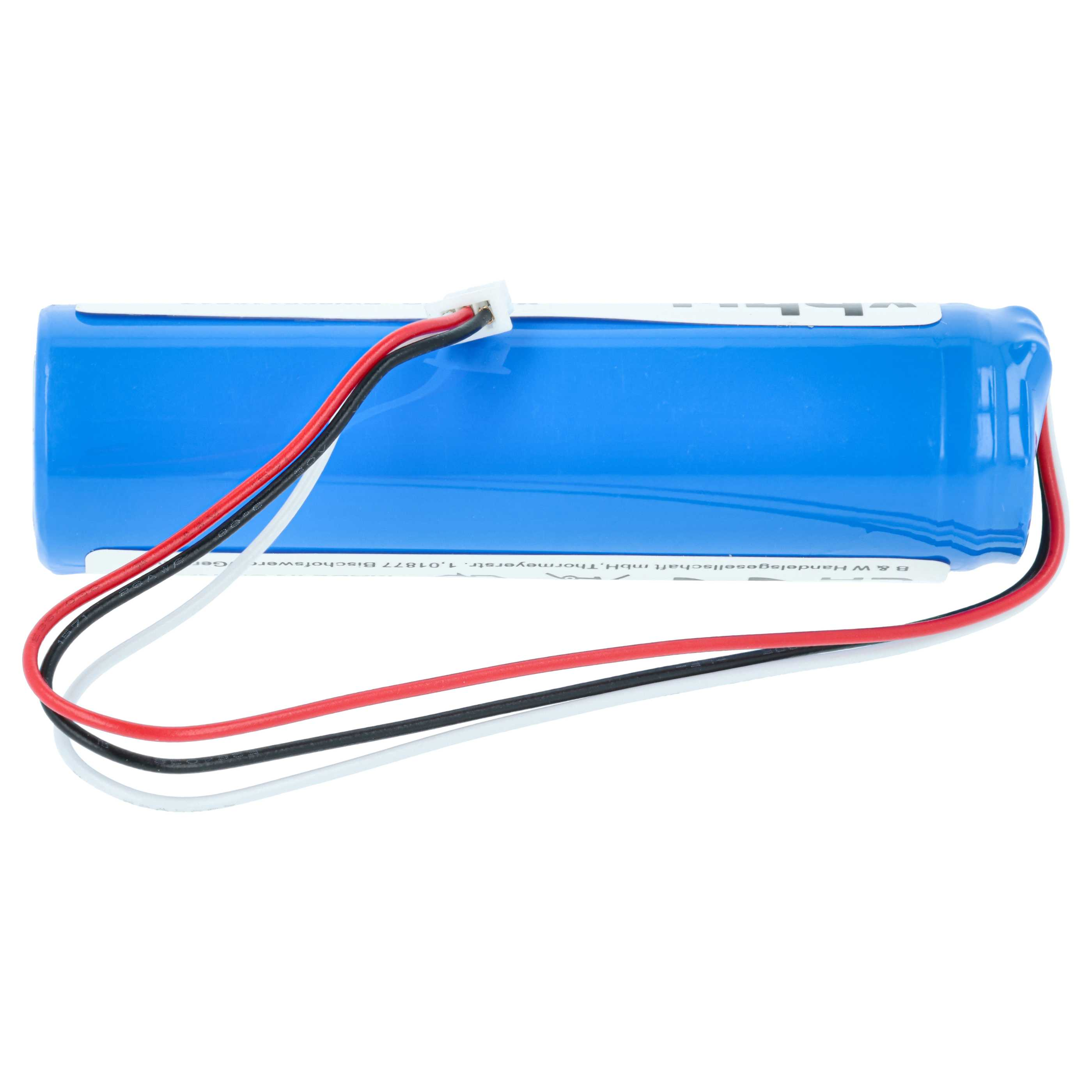 Eine blaue Batterie mit roten, schwarzen und weißen Kabeln.
