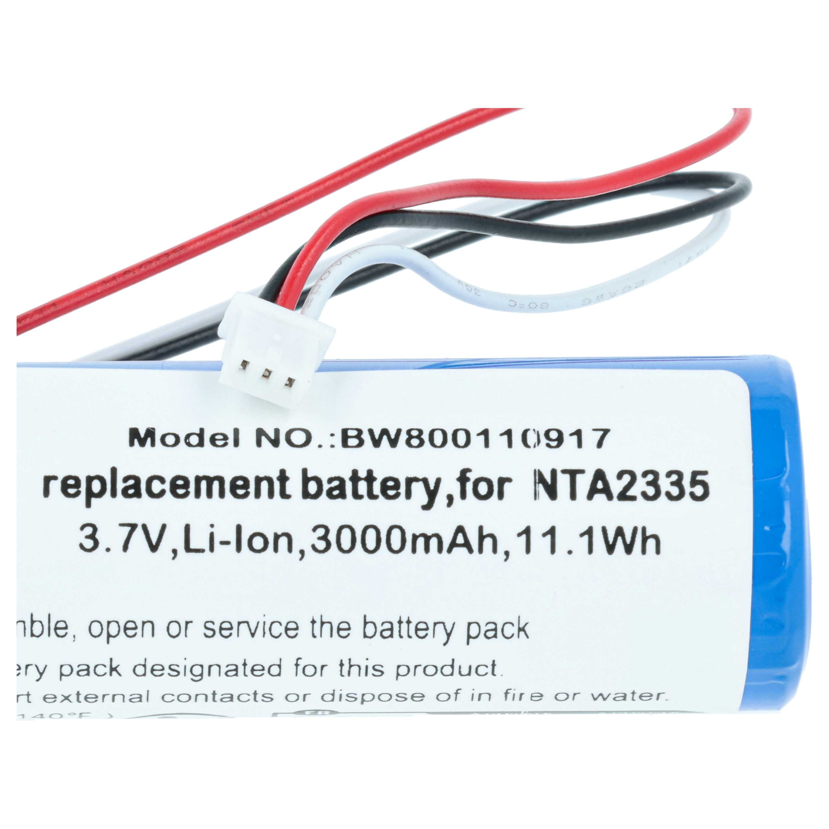 Ein blauer Akku mit Kabeln: Modell BW800110917, 3,7V, 3000mAh.