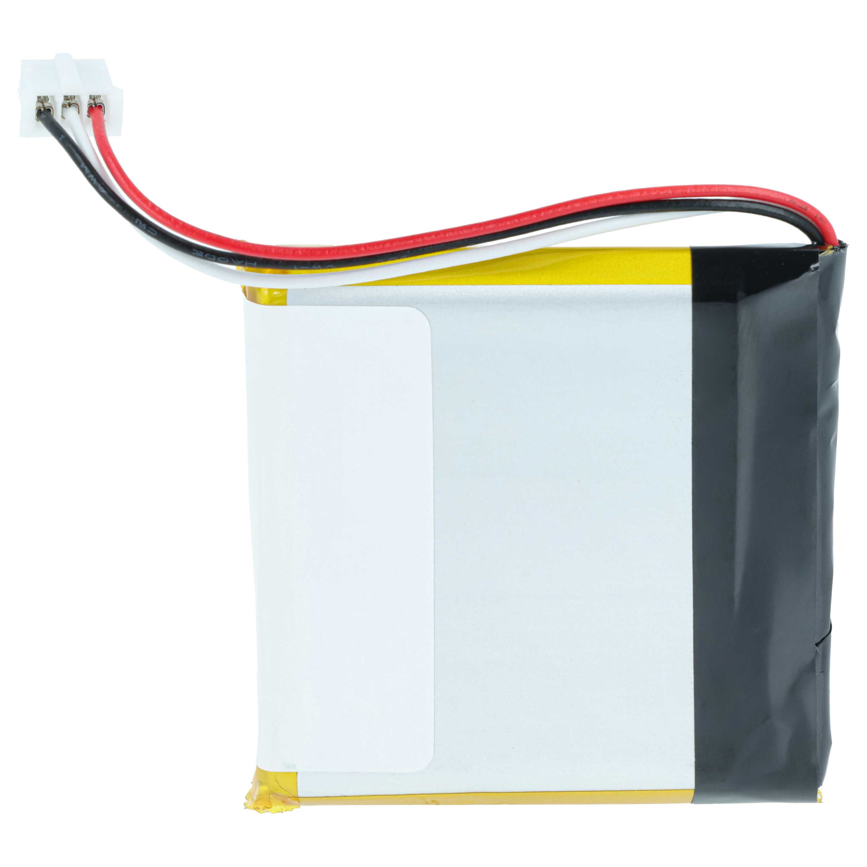 Ein flaches Lithium-Polymer-Akku mit weißem Stecker und drei Kabeln.