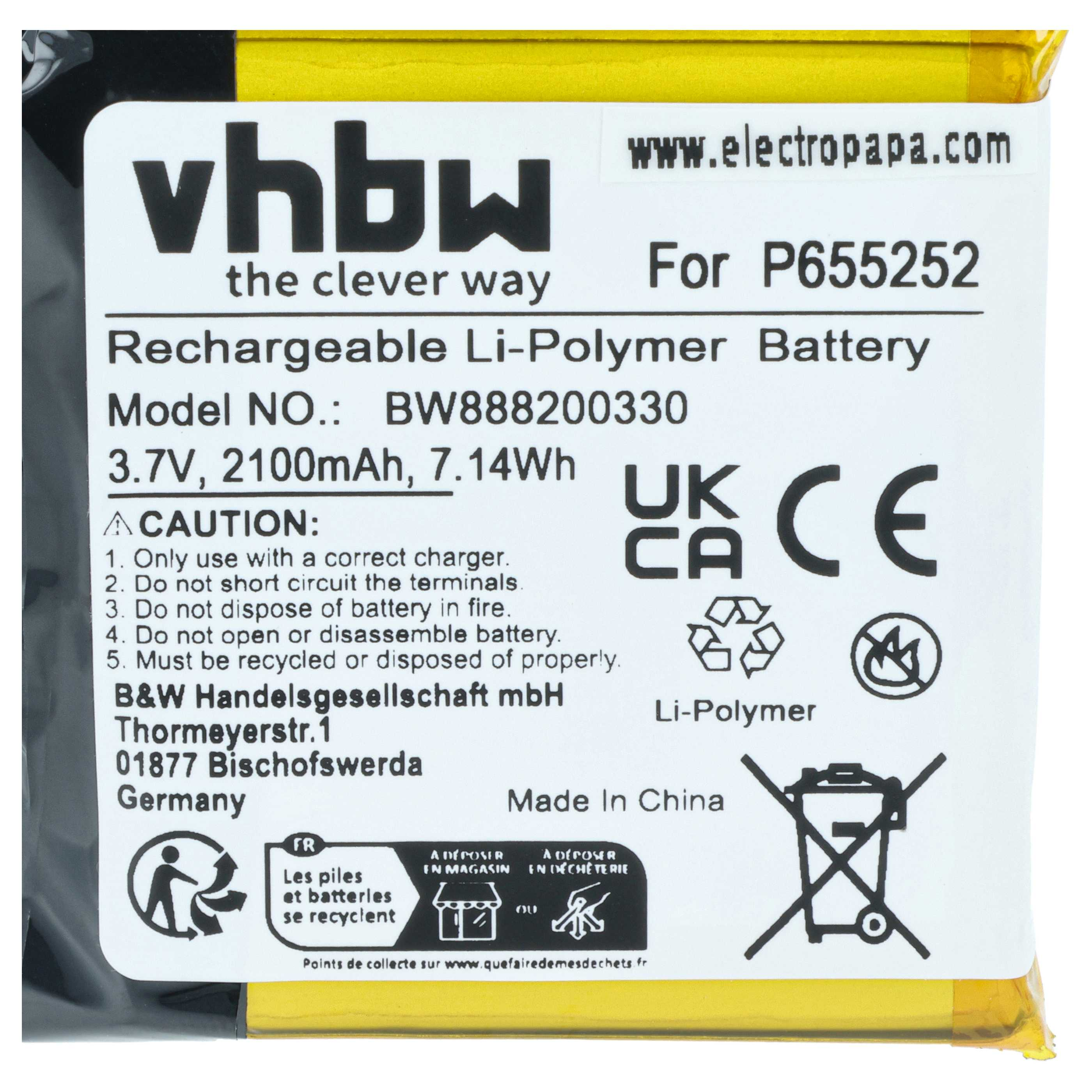 vhbw Li-Polymer Akku für P655252, 3.7V, 2100mAh. Hergestellt in China.