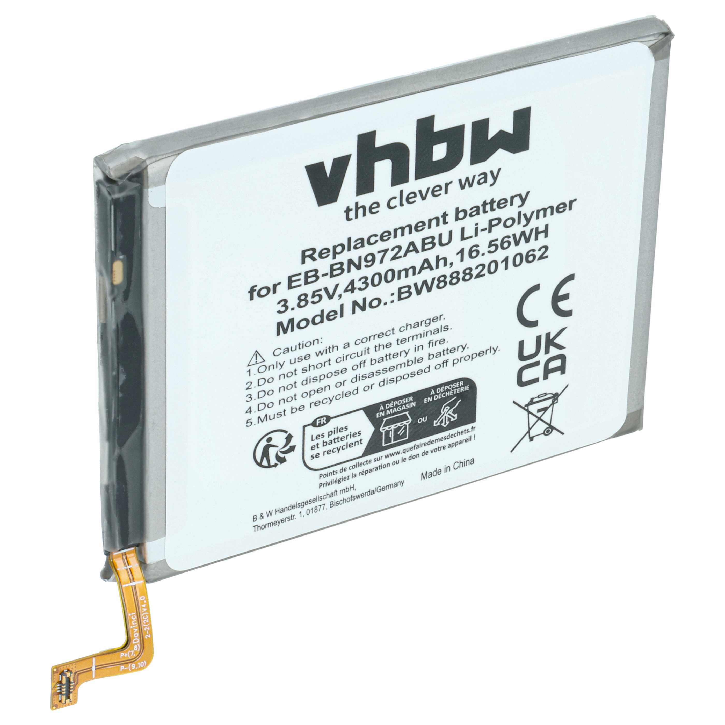 Ein weißer Akku mit schwarzem Aufdruck, Modell EB-BN972ABU Li-Polymer.