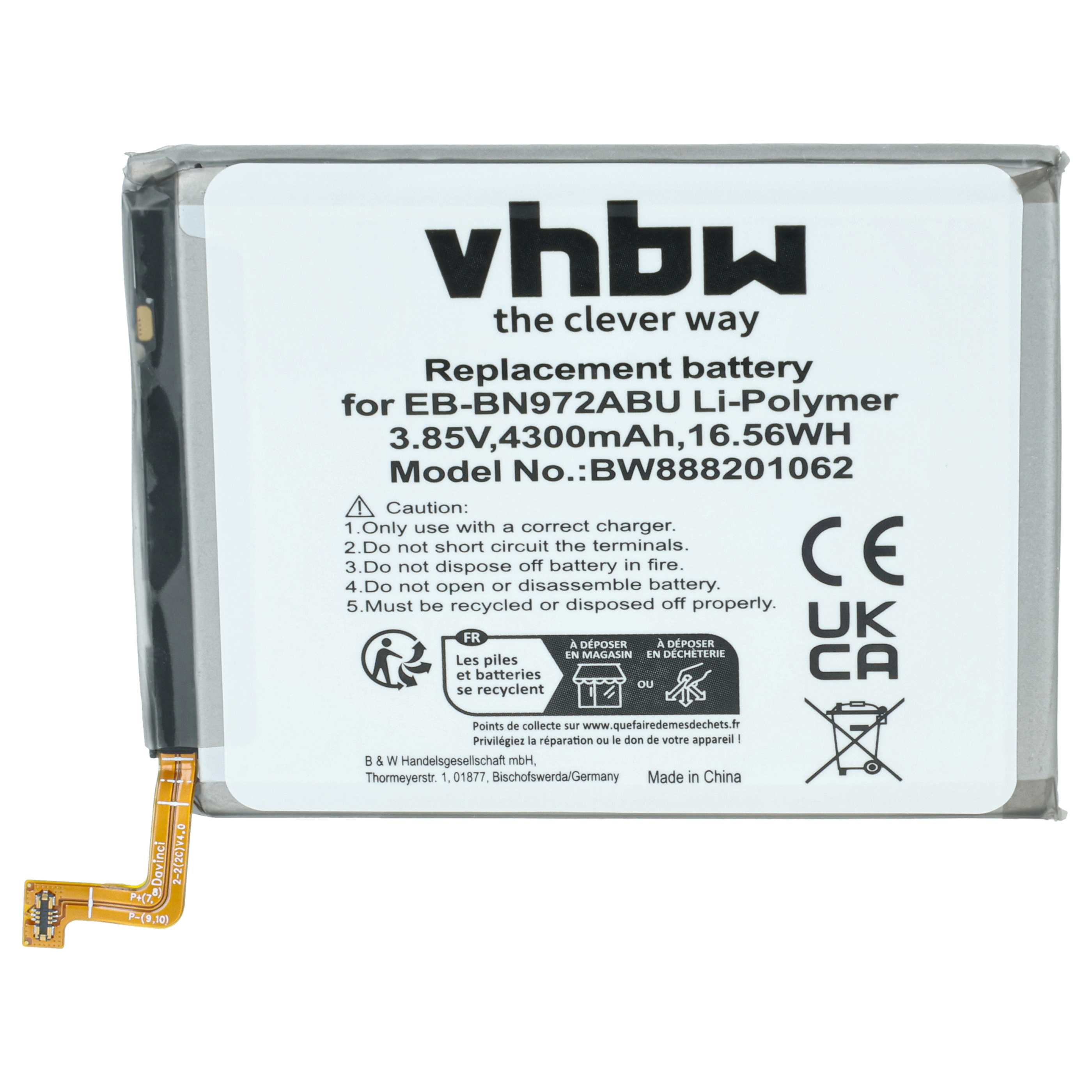 Ein grauer Li-Polymer-Akku mit Aufdruck: vhbw, Modell EB-BN972ABU, 4300mAh.
