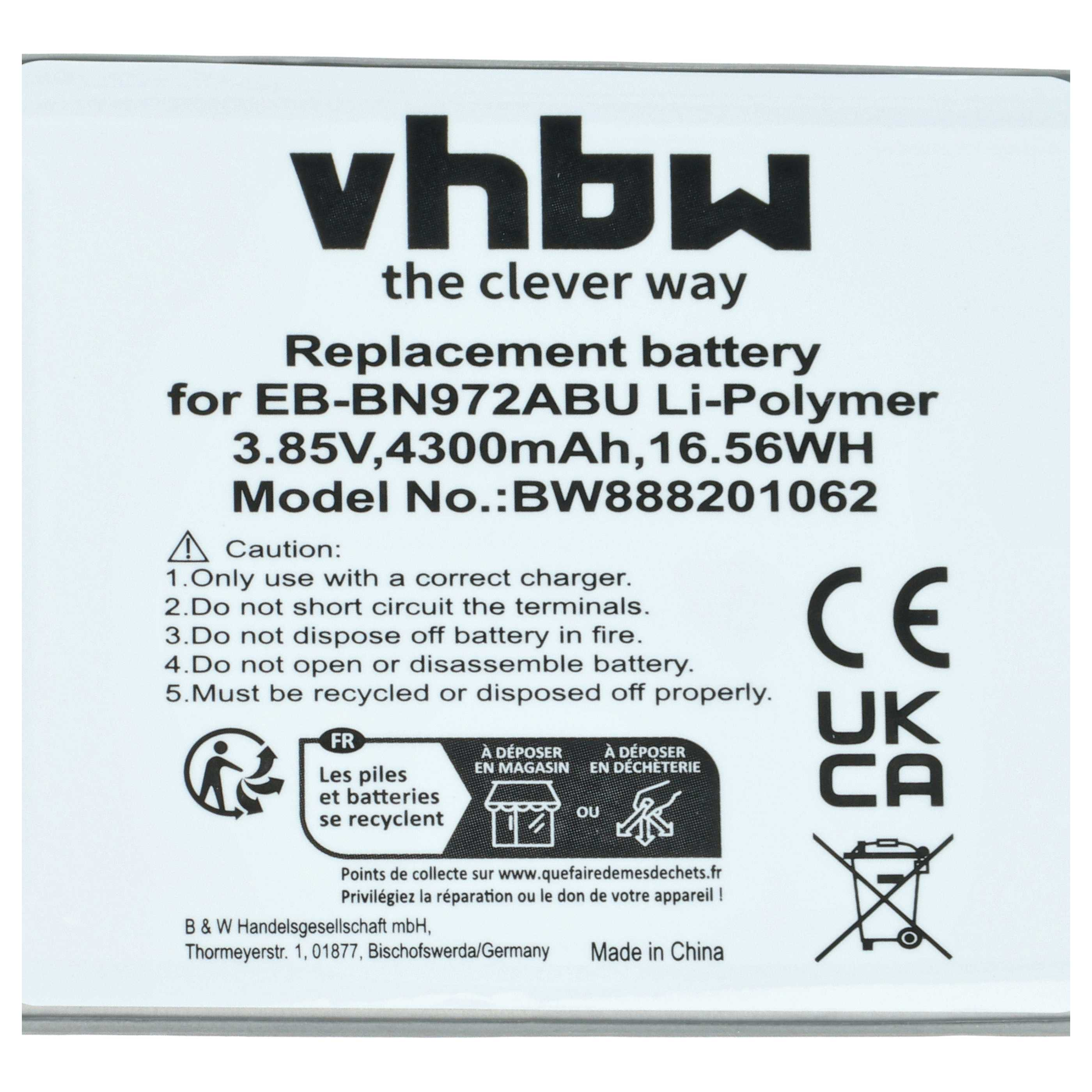 vhbw Ersatzakku für EB-BN972ABU Li-Polymer 3.85V, 4300mAh. Mit Warnhinweisen.