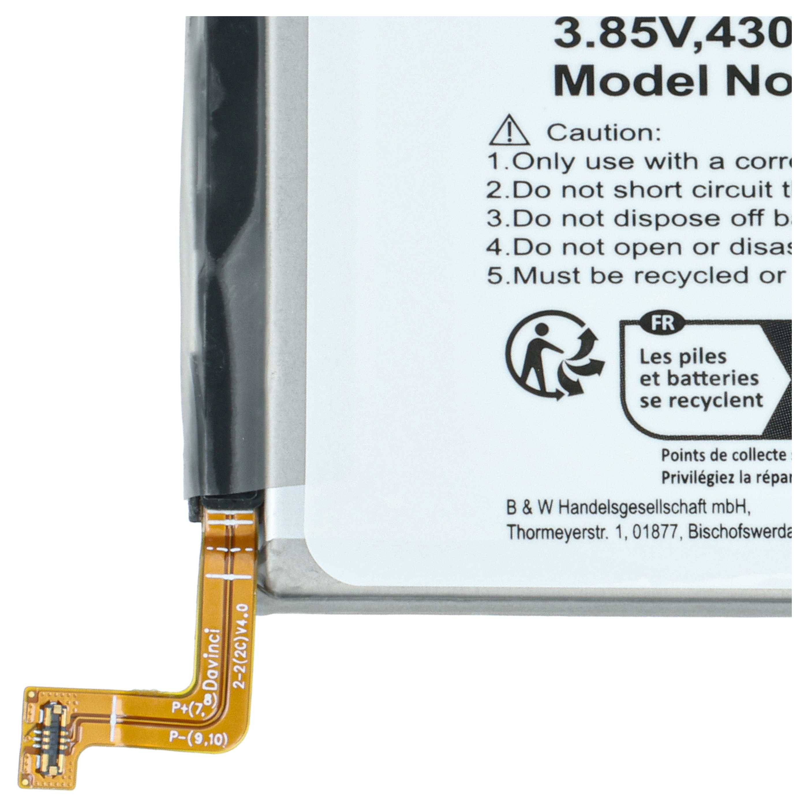 Ein Akku mit 3,85V, 430mAh mit Anschlusskabel und Warnhinweisen.