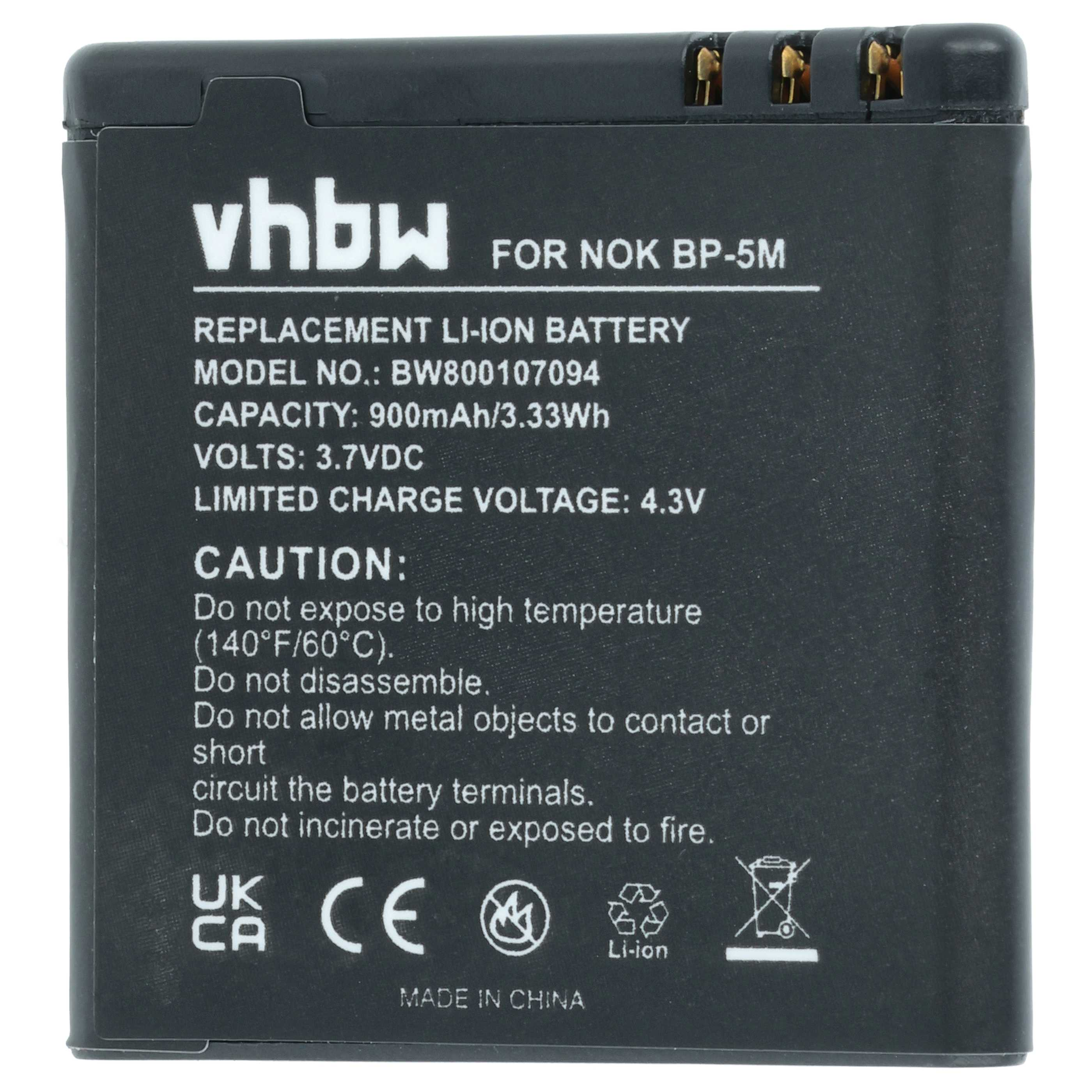 Schwarzer Li-Ion Akku für Nokia BP-5M mit Warnhinweisen und CE-Zeichen.