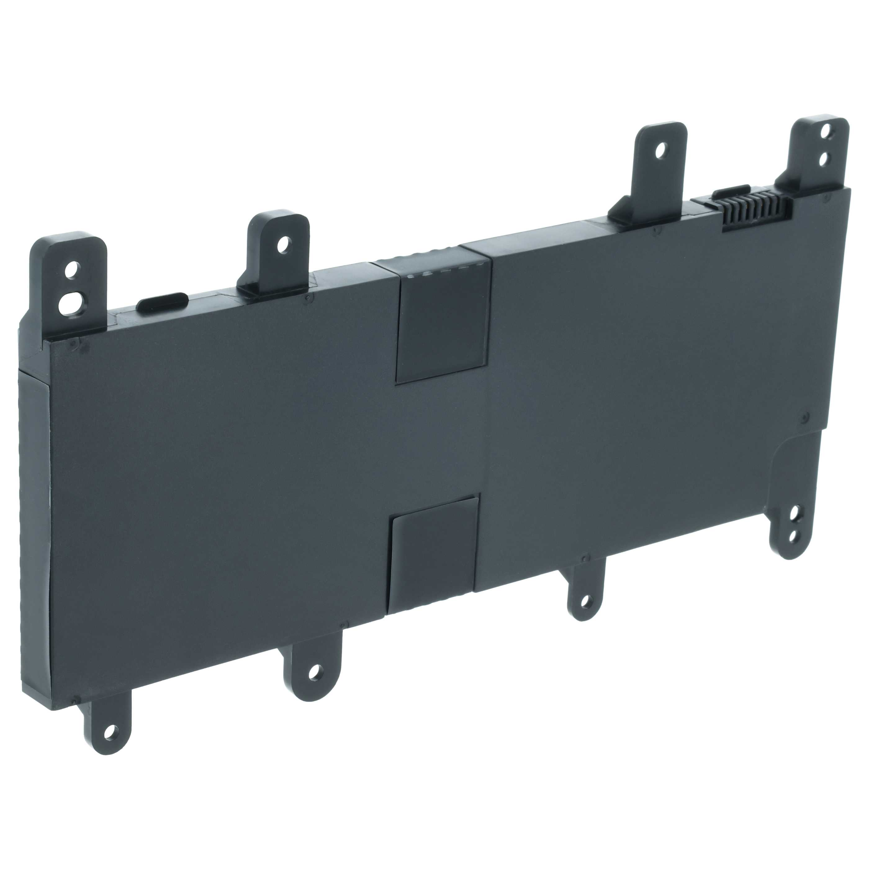 Schwarzes elektronisches Bauteil mit Montagehalterungen und Schlitzen.
