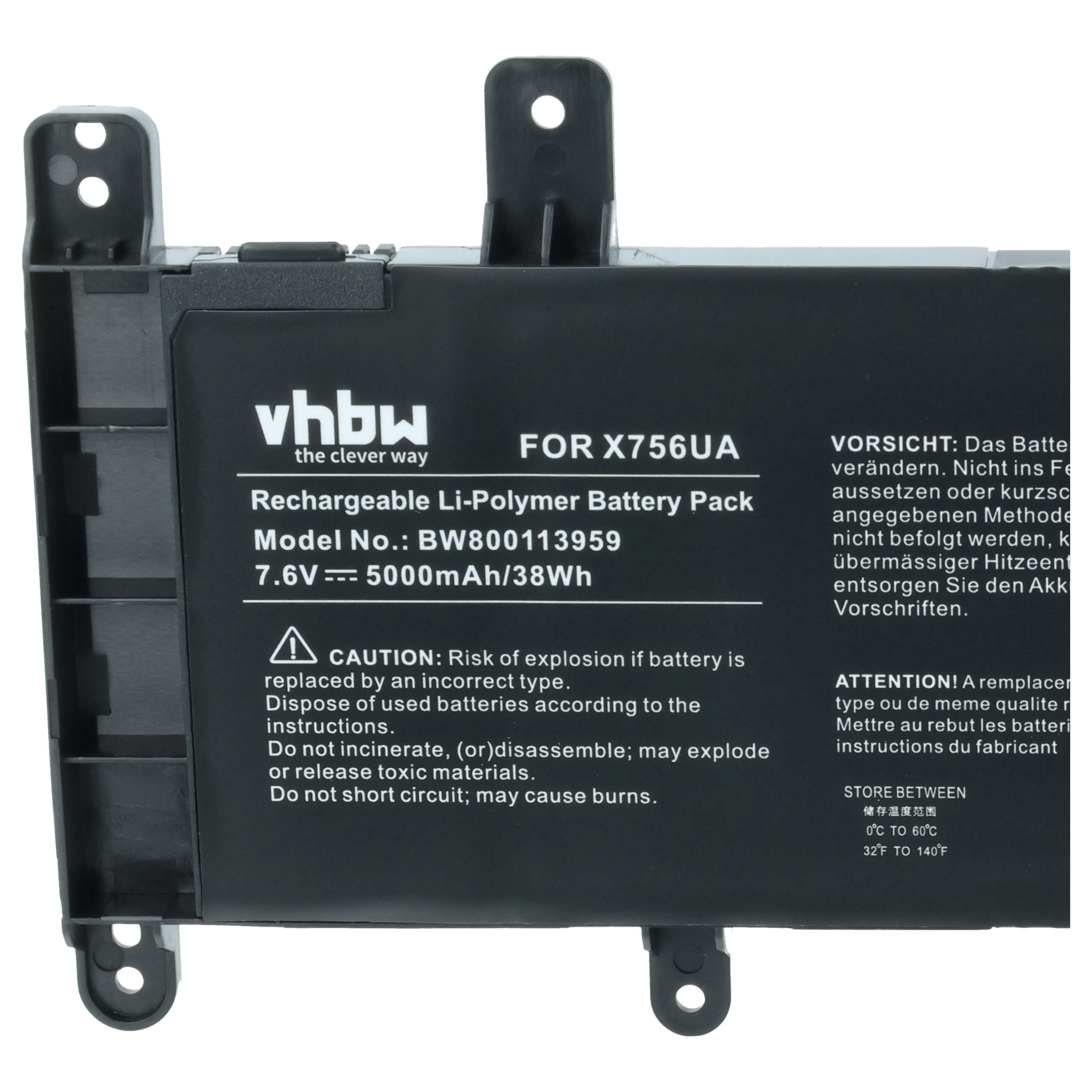Schwarzer Akku für X756UA, 7.6V, 5000mAh, mit Warnhinweisen.