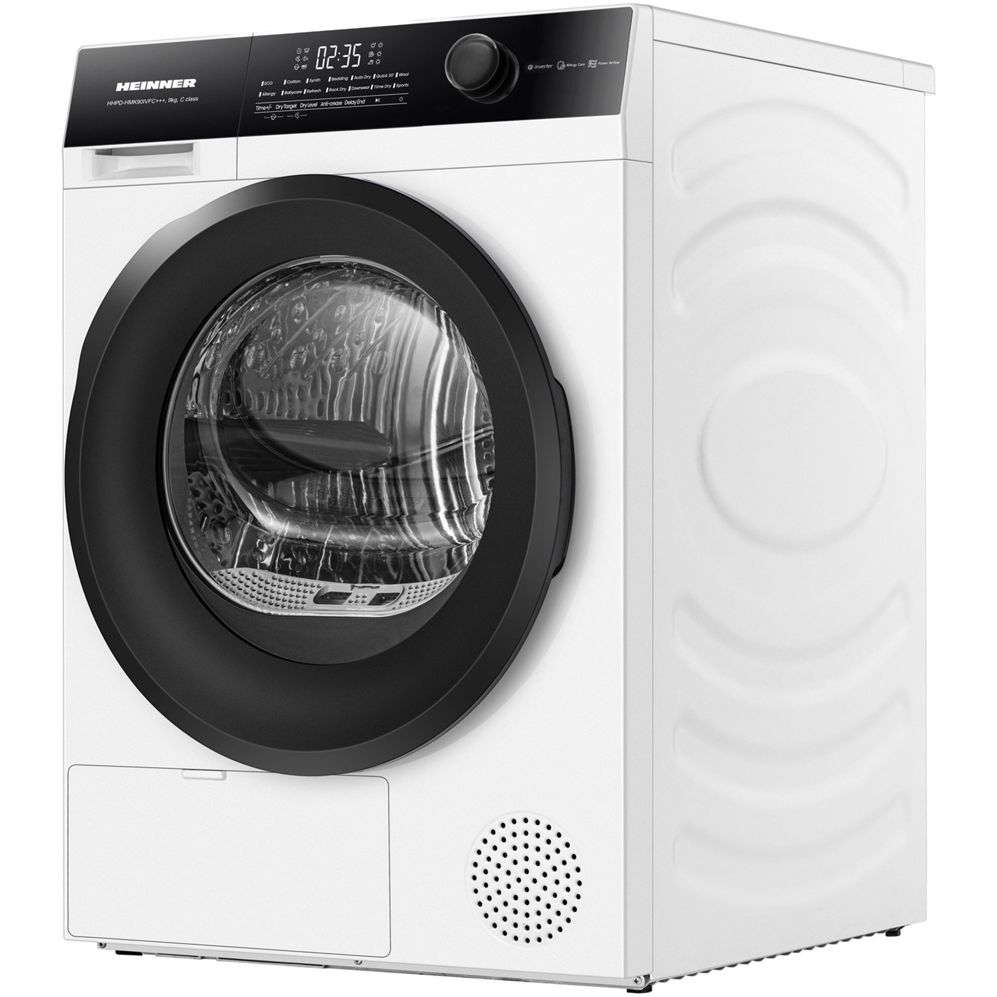 Ein weißer Wäschetrockner mit schwarzer Tür und digitalem Display.
