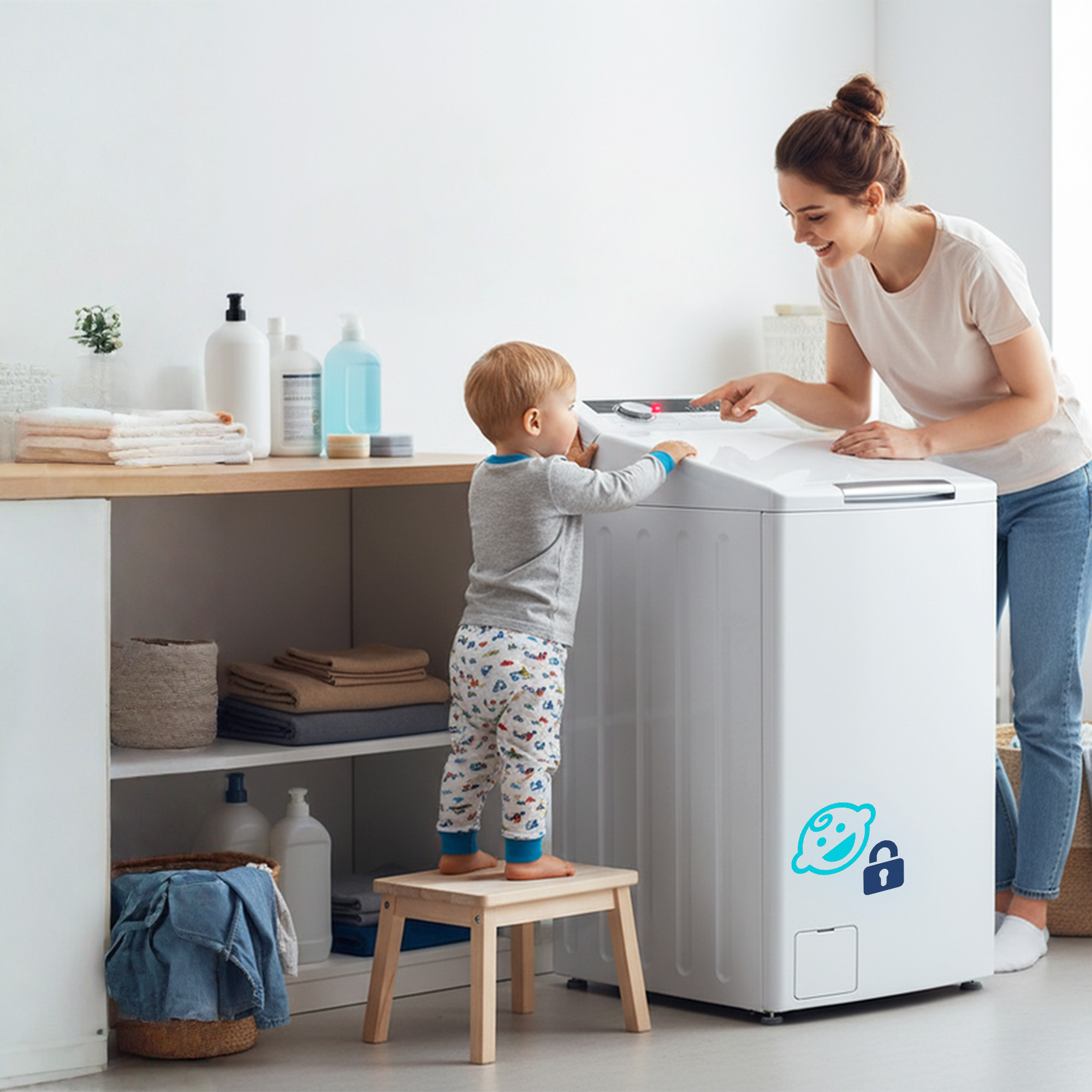 Mutter zeigt Kind Waschmaschine. Kind steht auf Hocker. Wäsche im Regal.
