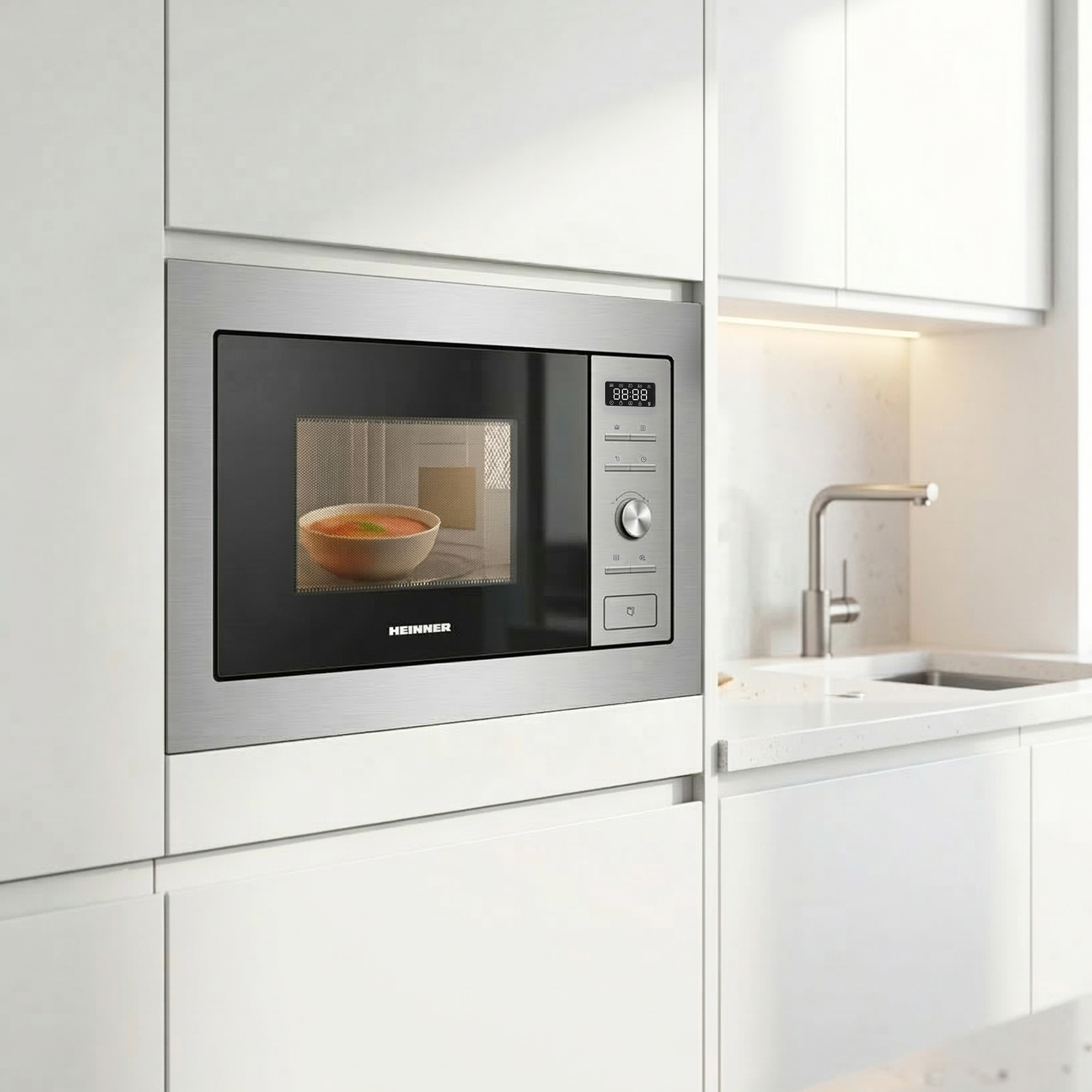 A modern built-in microwave with stainless steel finish, containing a bowl of soup.