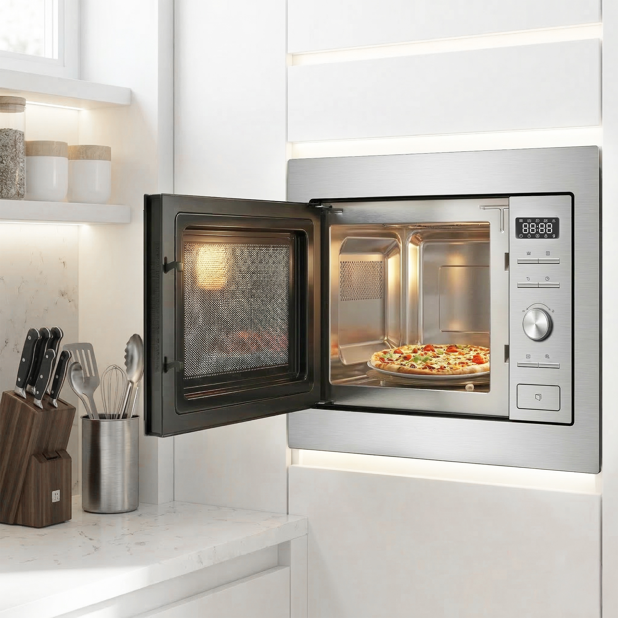 An open built-in microwave oven with a pizza on the turntable.
