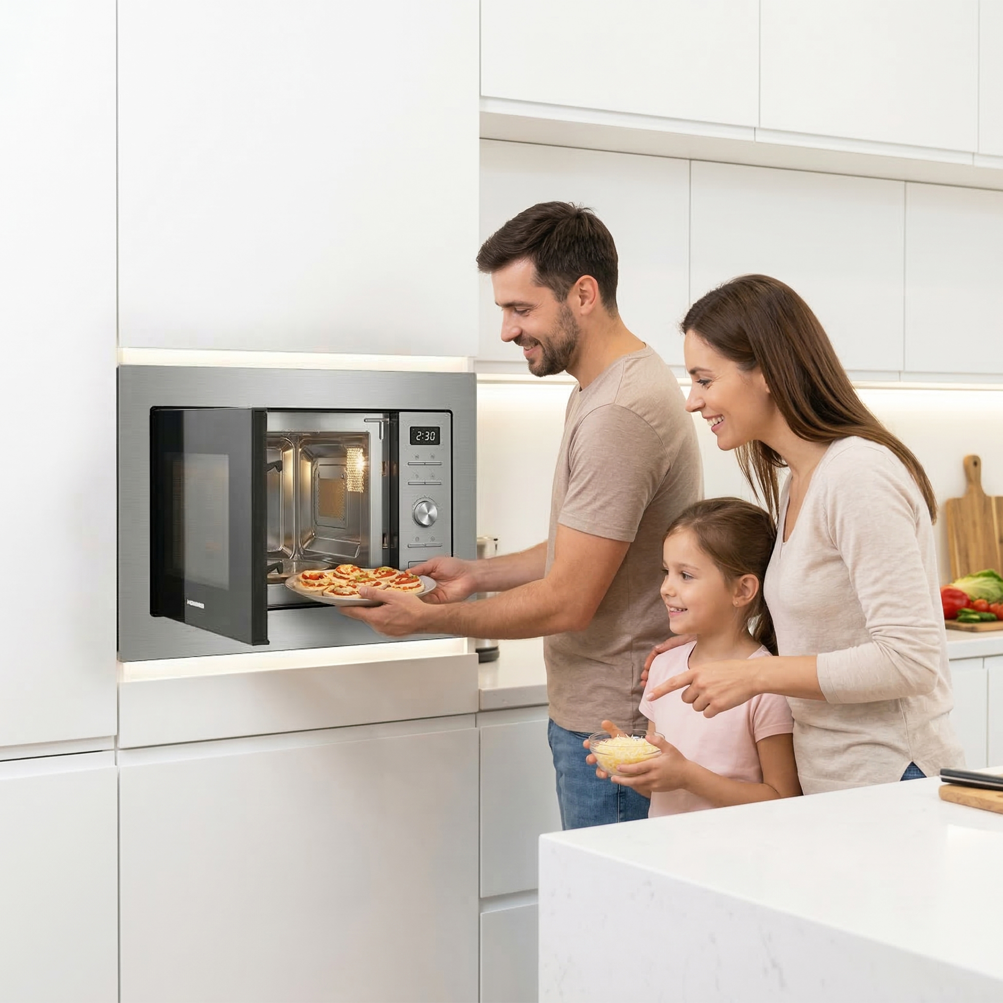 Family places mini pizzas into microwave. Girl holds bowl of shredded cheese.