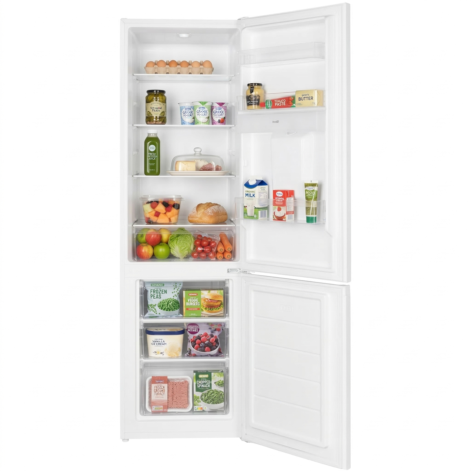 Réfrigérateur ouvert avec œufs, yaourt, cornichons, jus, fruits, pain, lait, beurre, petits pois, burgers, glace, dinde.