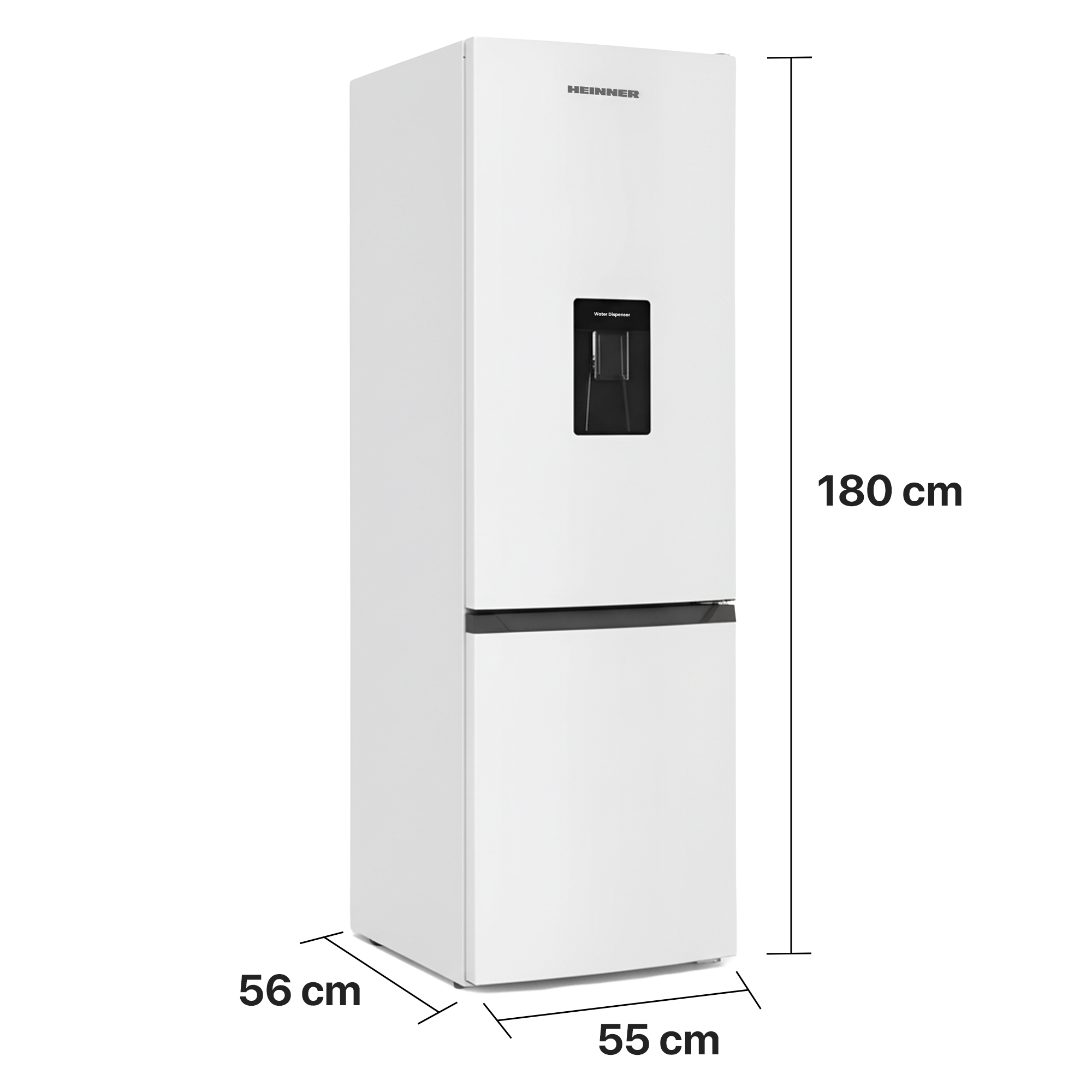 Ein weißer Kühlschrank mit Wasserdispenser. H&ouml;he 180cm, Breite 56cm, Tiefe 55cm.