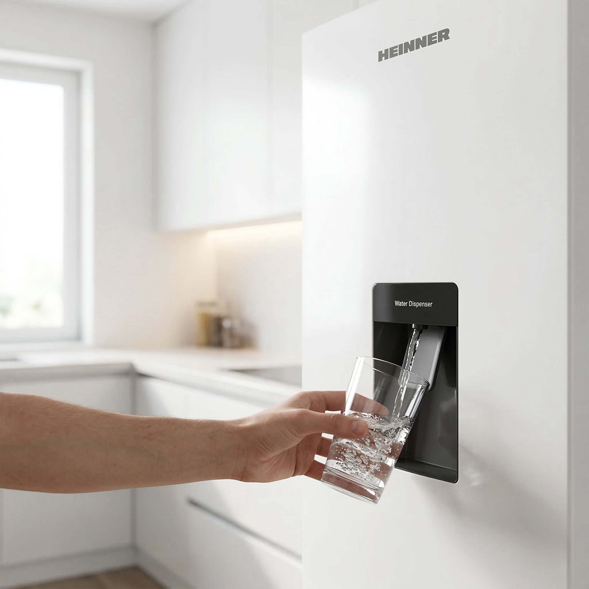 Ein Arm hält ein Glas unter einen Wasserspender in einer modernen Küche.