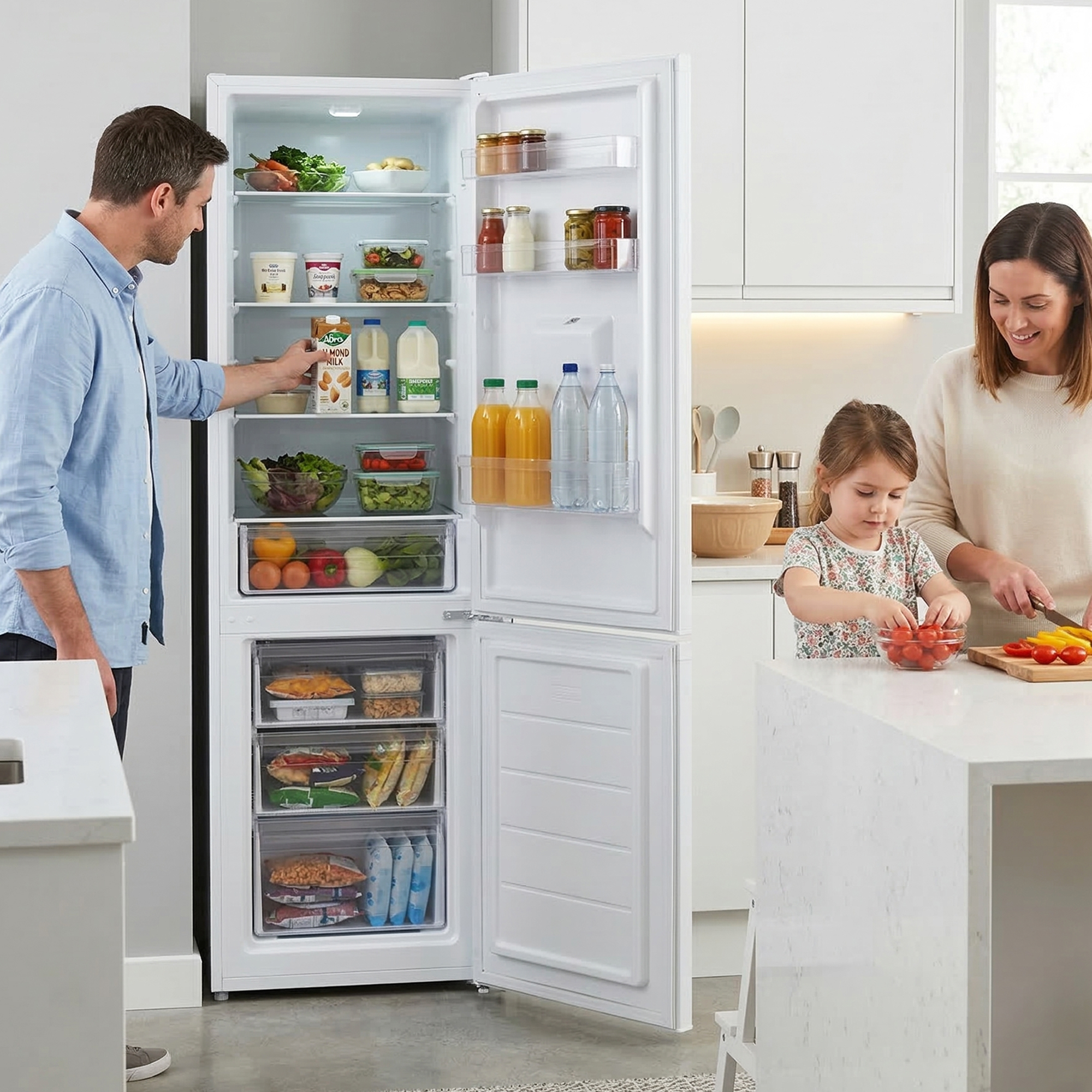 Homme ouvre le frigo, femme et enfant préparent à manger.