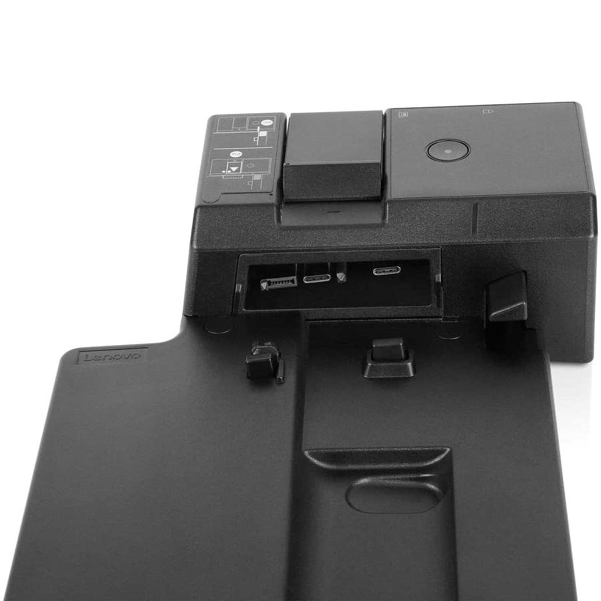 Stazione di docking Lenovo nera con porte USB-C e indicatori di carica.