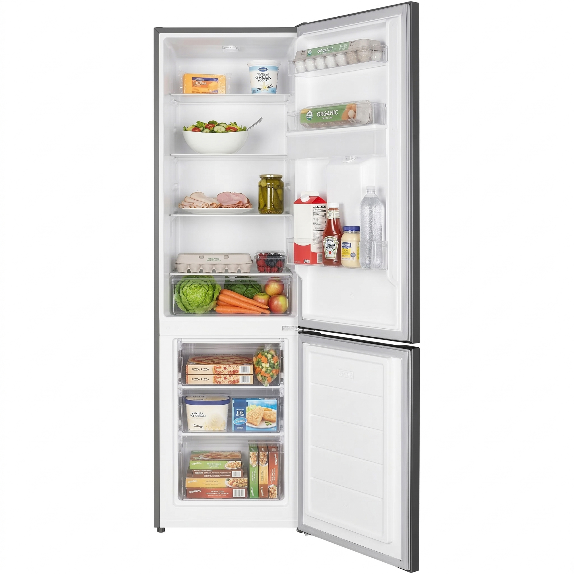 Gefüllter Kühlschrank mit Lebensmitteln wie Eiern, Obst, Gemüse, Pizza und Eiscreme.