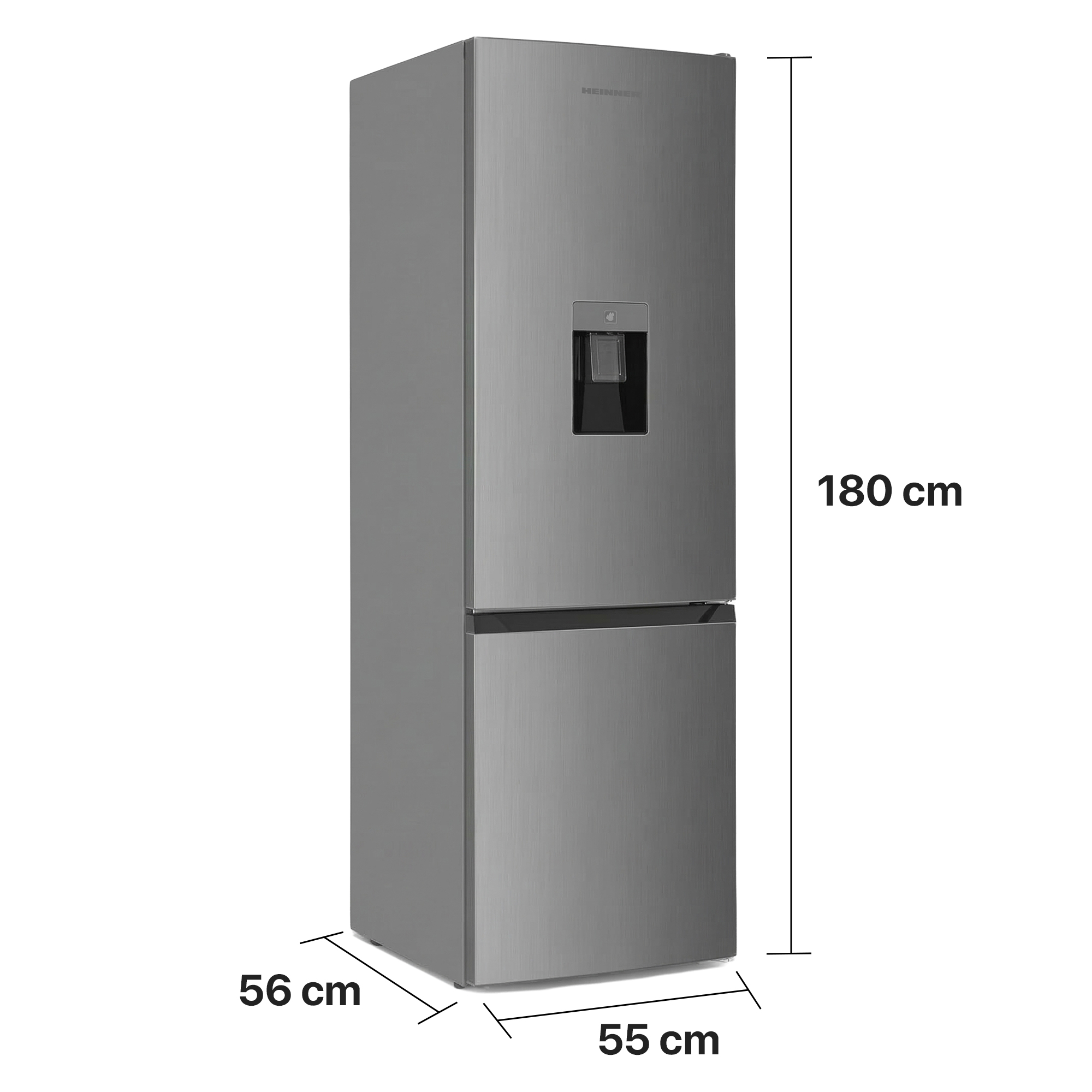 Ein schlanker, silberner Kühlschrank mit Wasserspender und Maßen 180x56x55 cm.