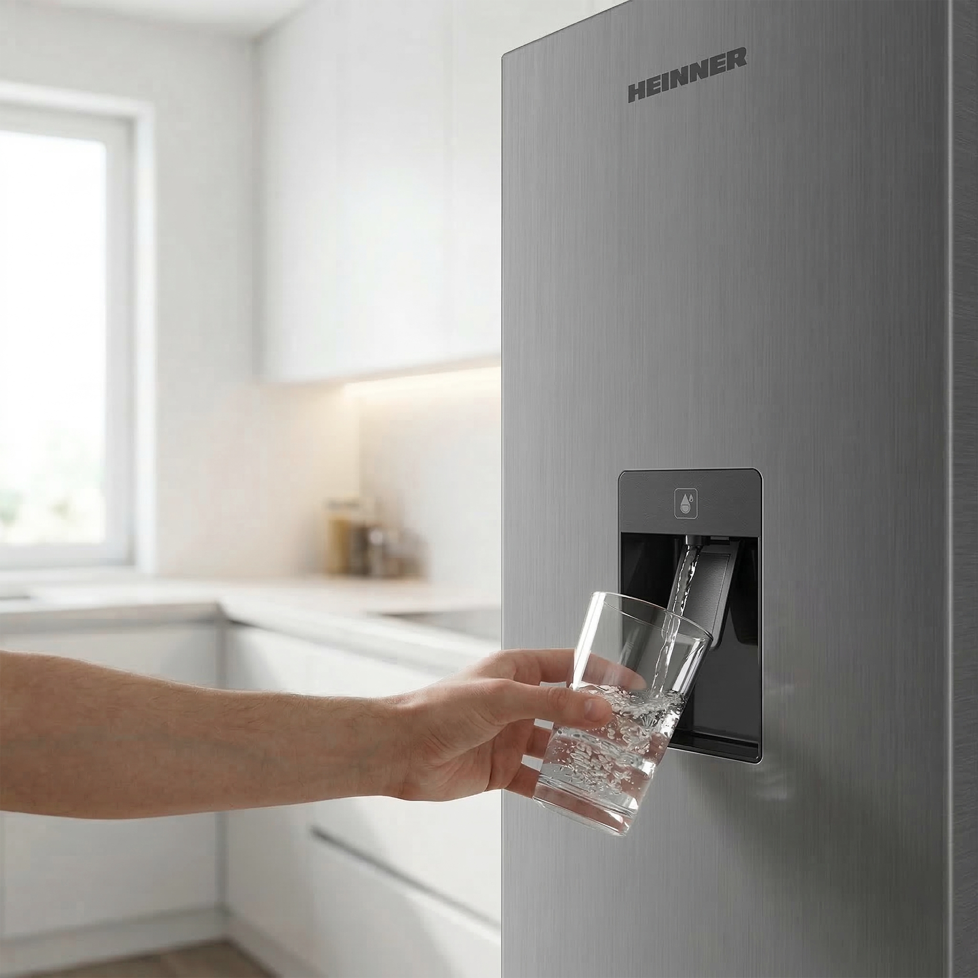 Person füllt Glas mit Wasser aus einem Kühlschrank-Wasserspender.