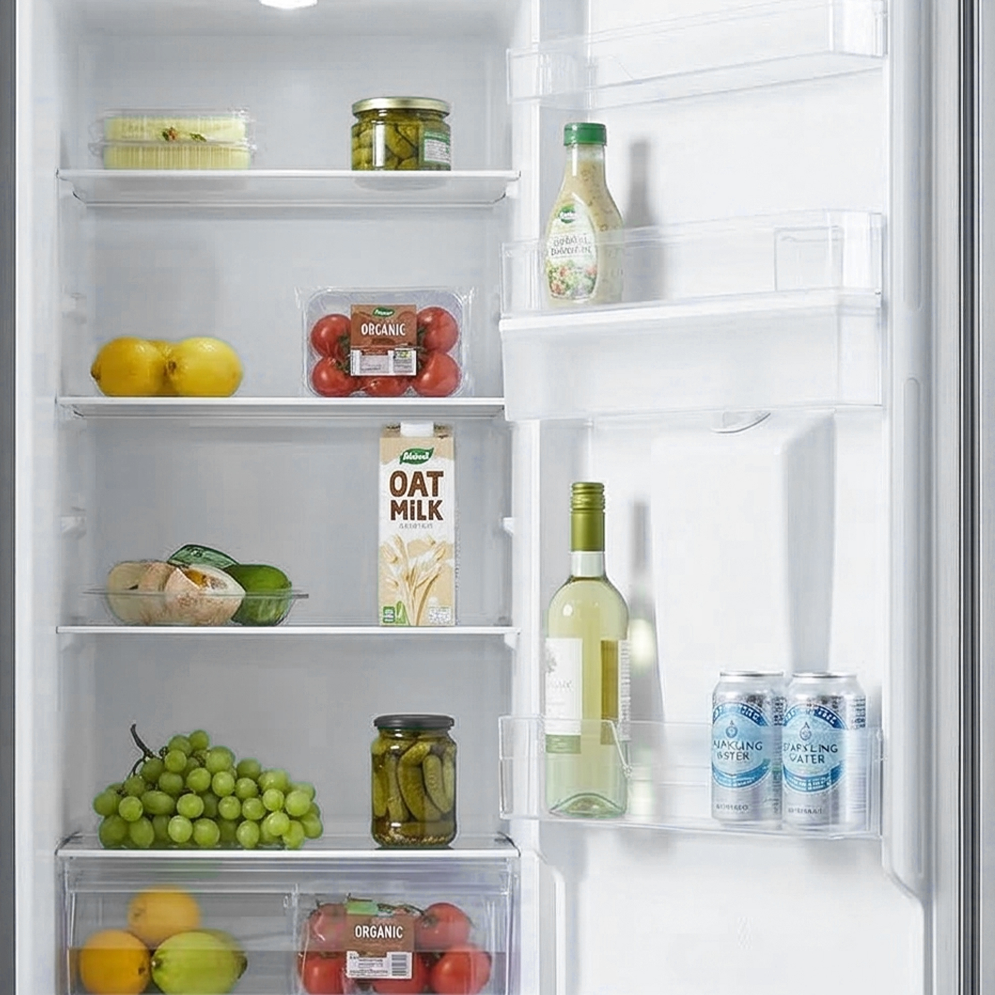 Ein offener Kühlschrank mit Lebensmitteln auf mehreren Regalen.