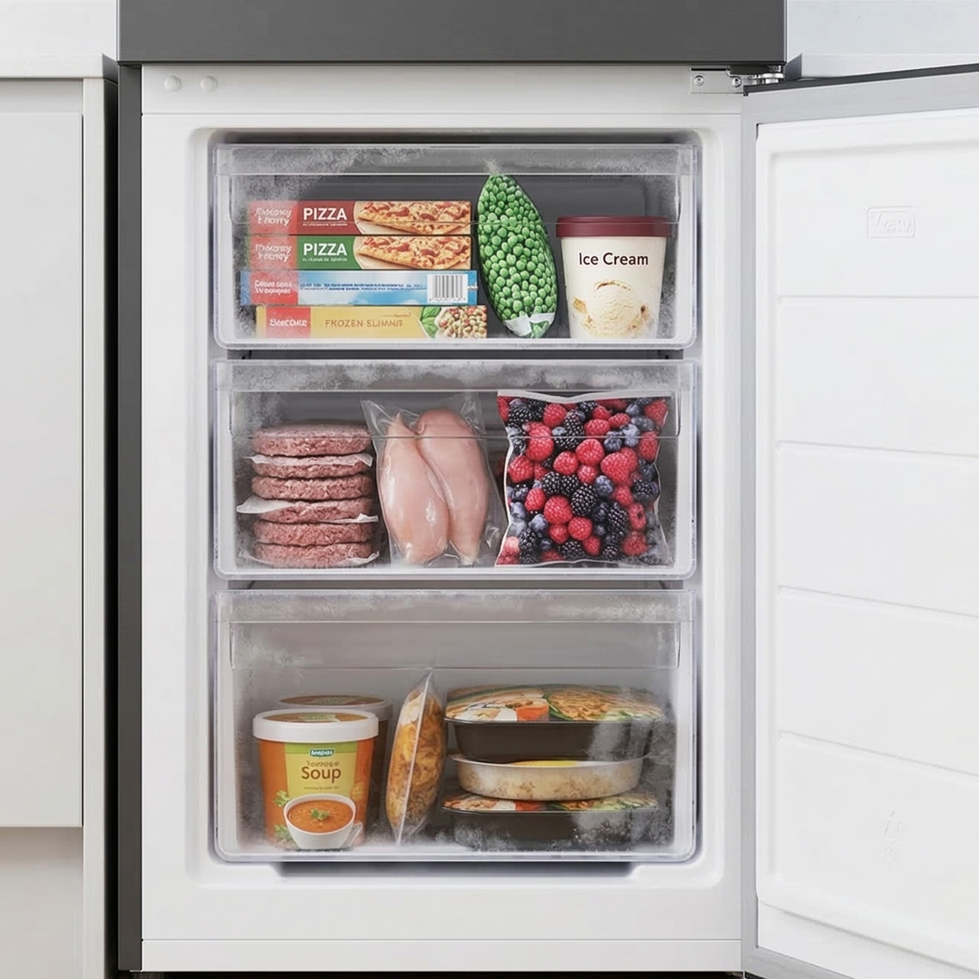 Gefrierschrank mit Pizzas, Erbsen, Eis, Hühnchen, Beeren, Burgern, Suppe und Mahlzeiten.