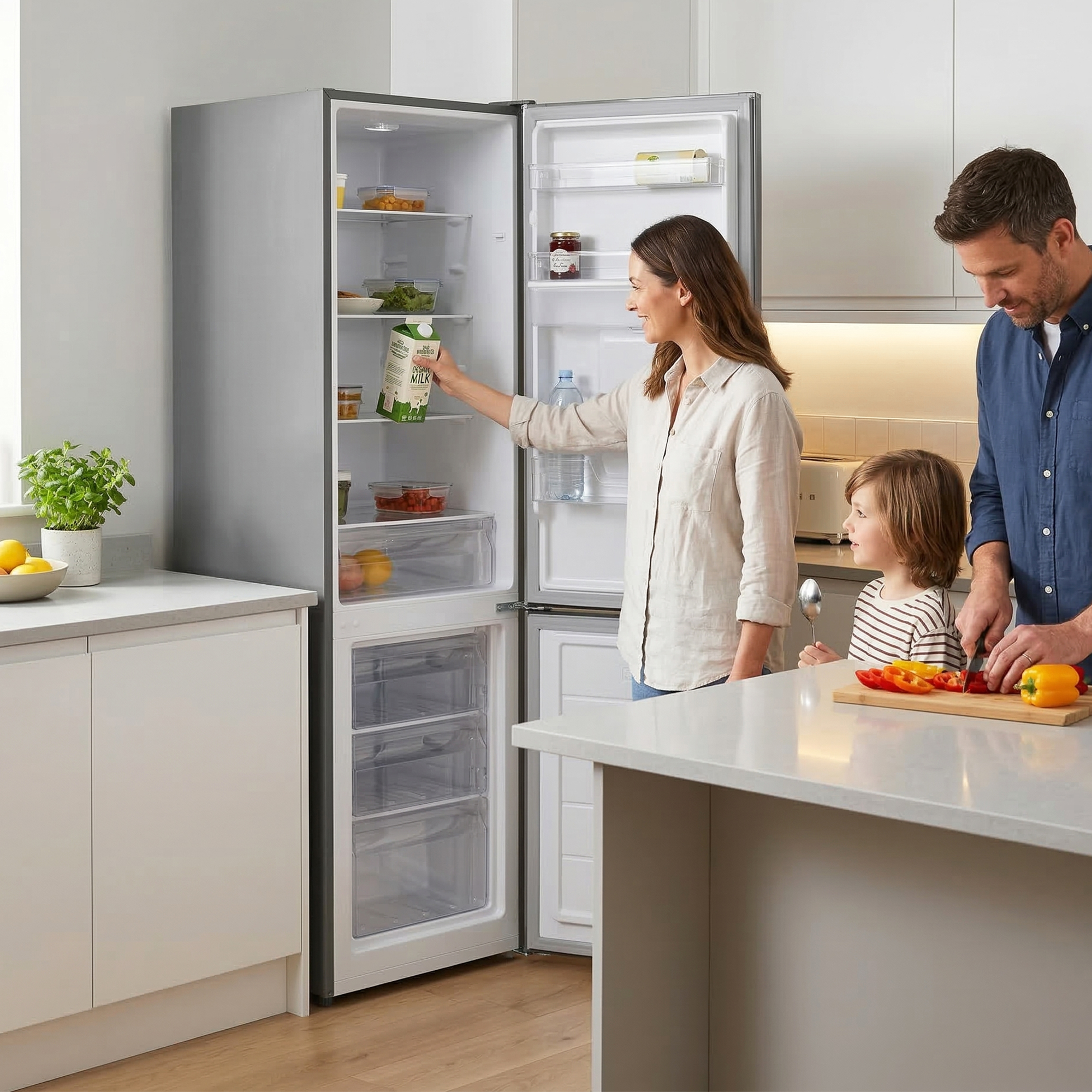 Eine Familie bereitet in der Küche Essen zu. Eine Frau nimmt Milch aus dem Kühlschrank.