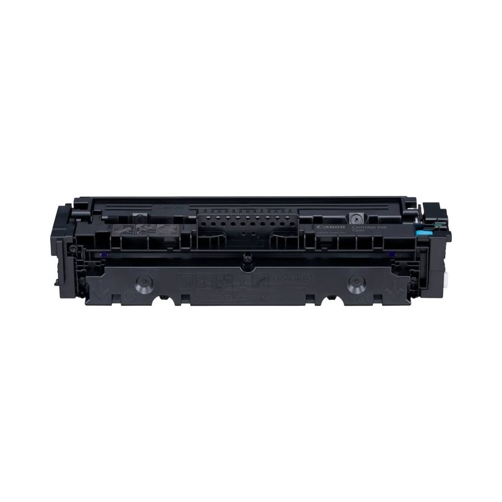 Cartouche de toner Canon noire avec accents et étiquettes bleus.