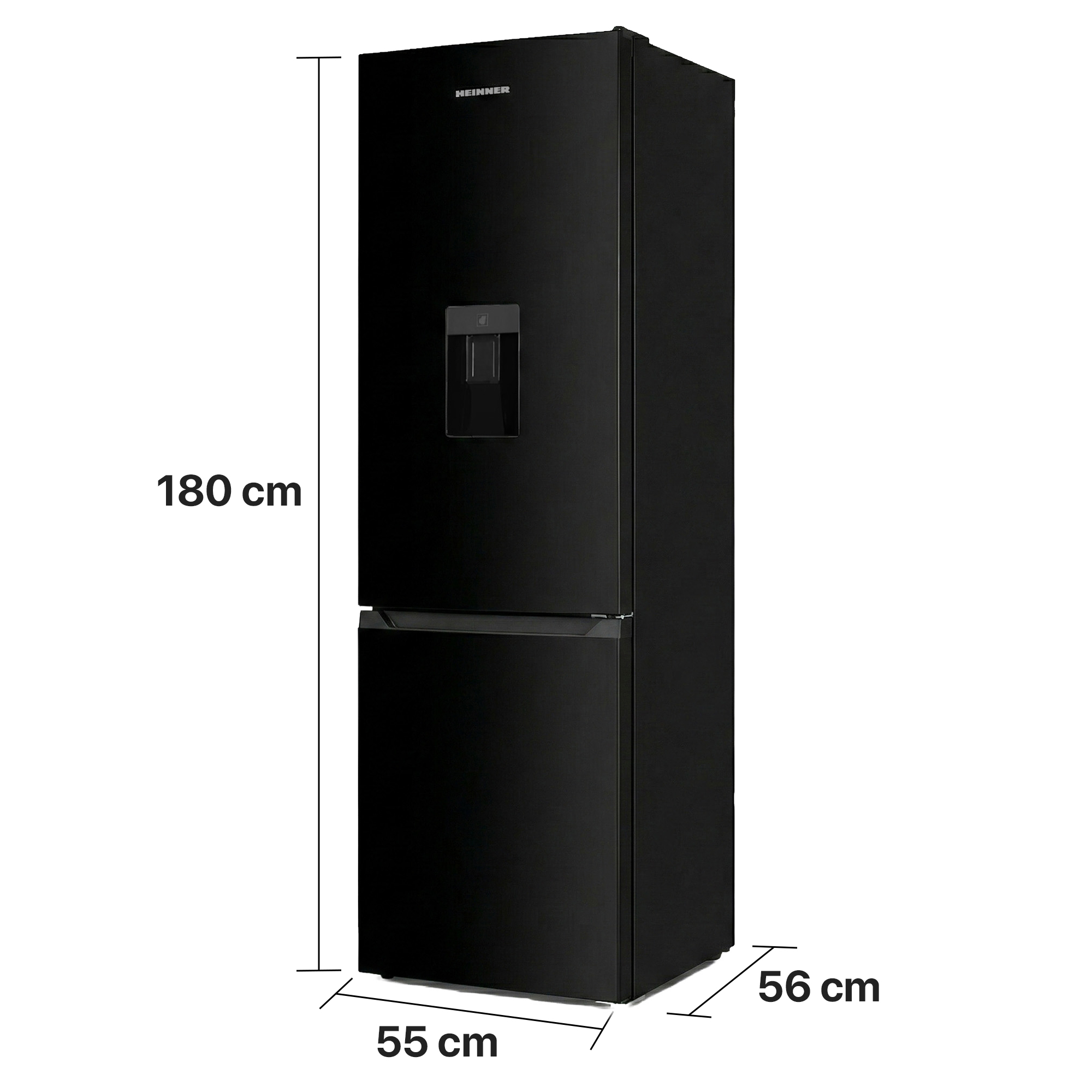 Schwarzer Kühlschrank mit Wasserabzug, 180x55x56 cm.